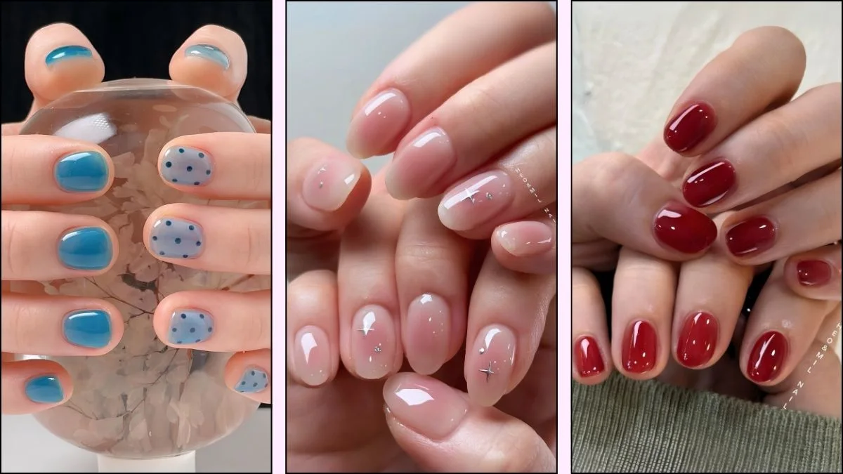 A collage of jelly nail designs
