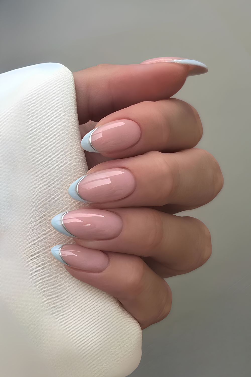 Light blue and silver double French manicure