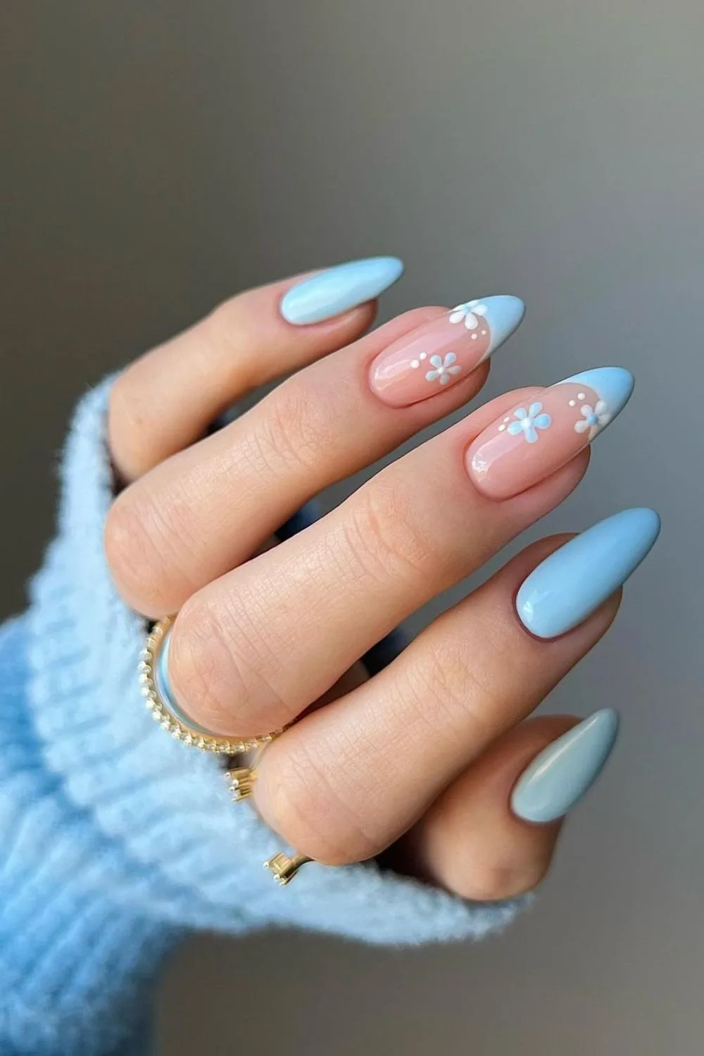 Light blue floral french nails