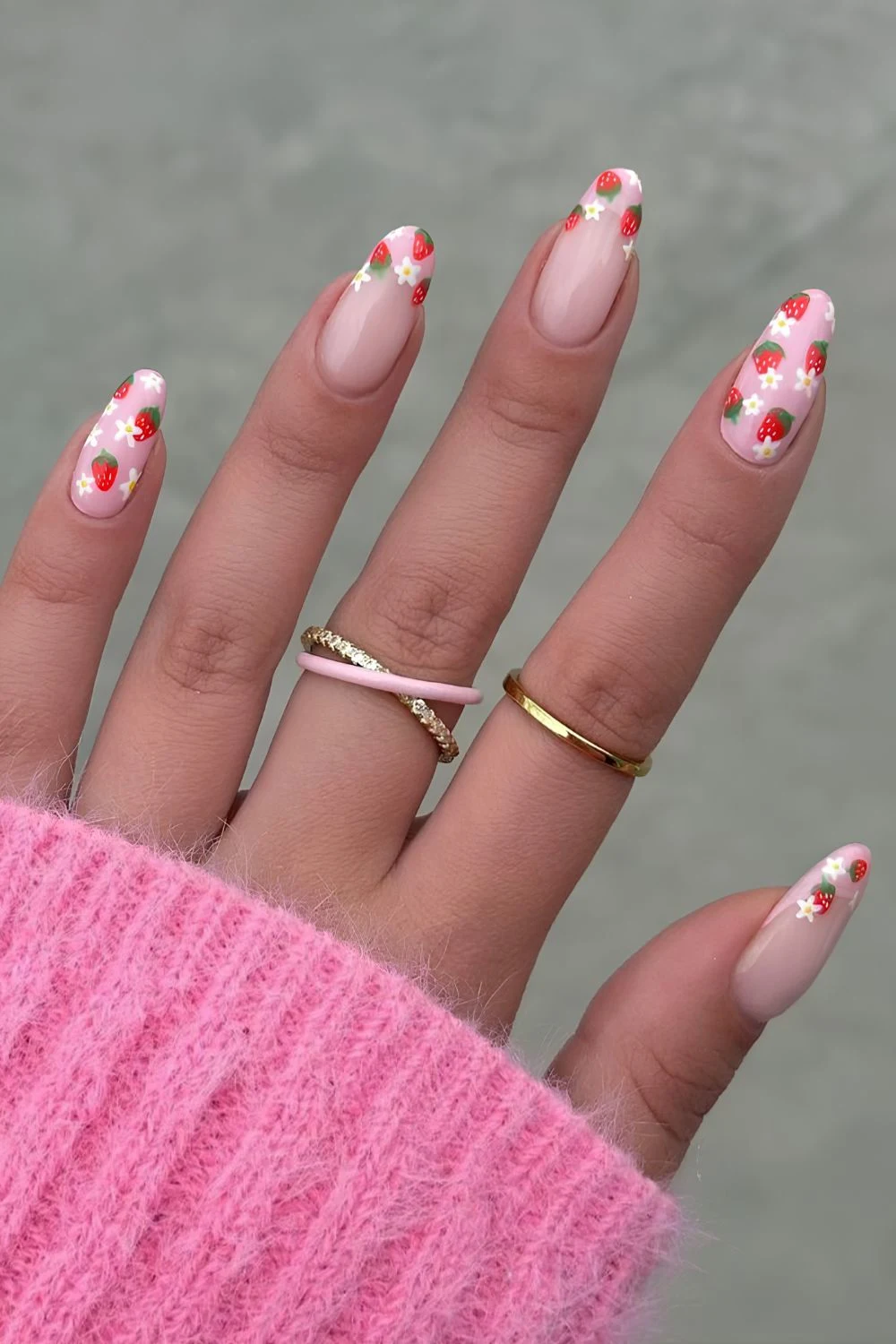 Light pink mani with strawberry art