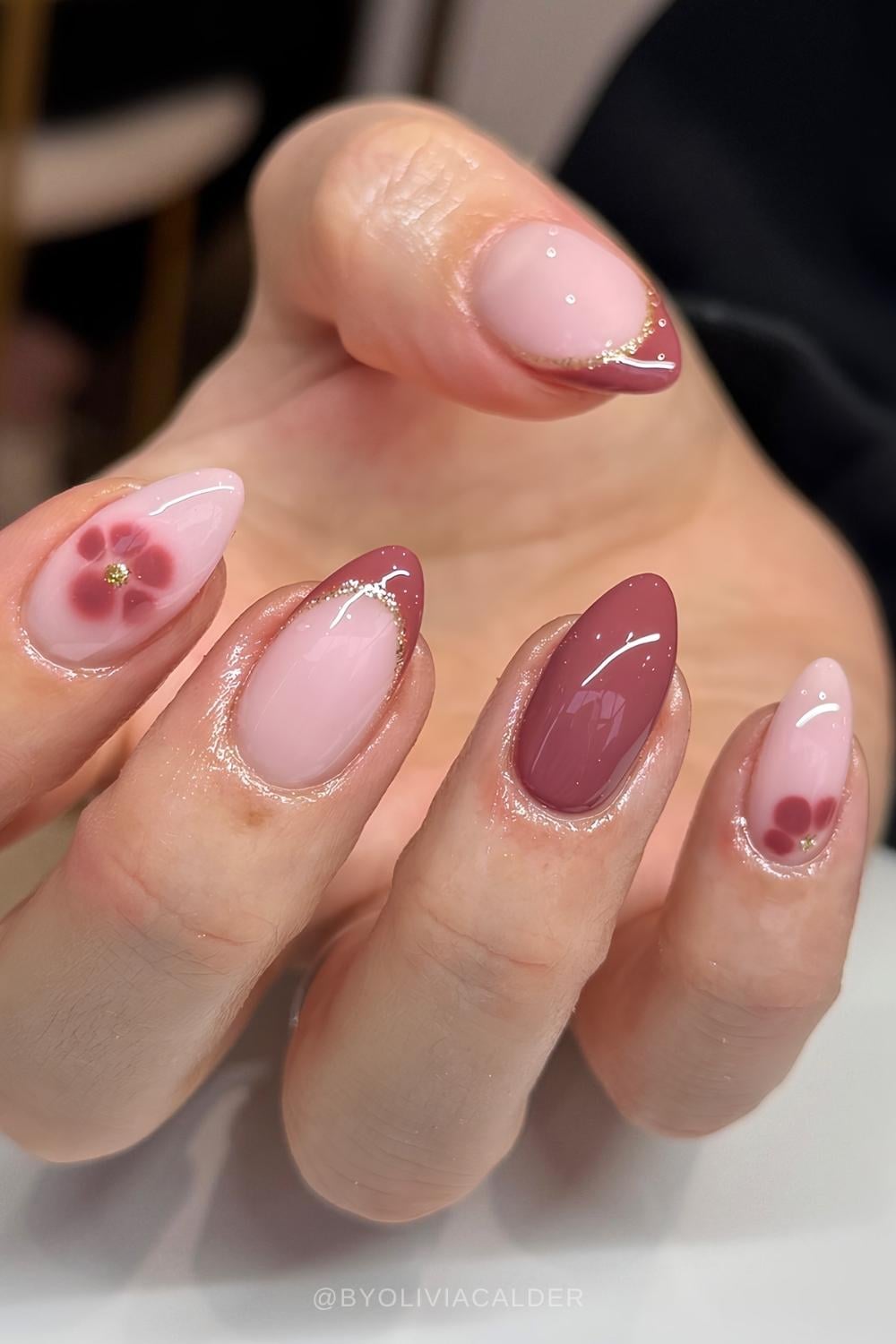 Mauve nails with blooming gel flowers