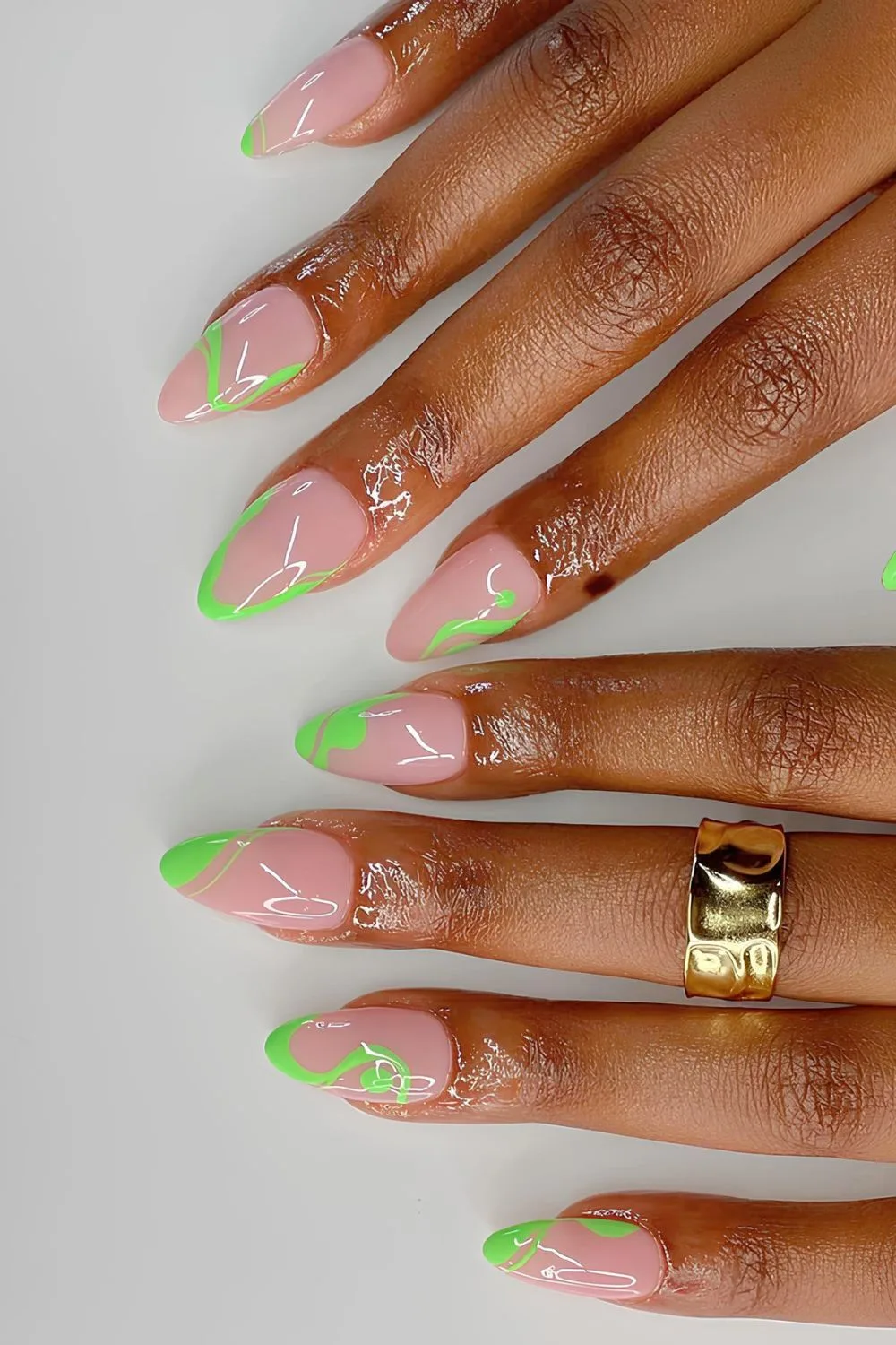 Milky mani with neon green swirls