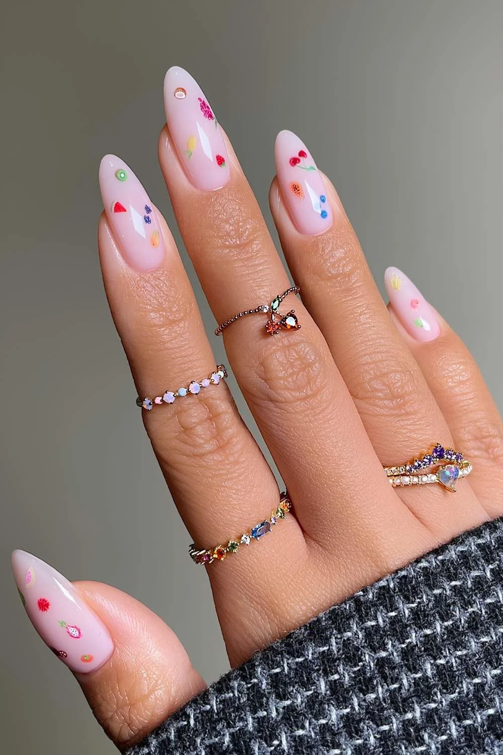 Milky nails with micro fruit art