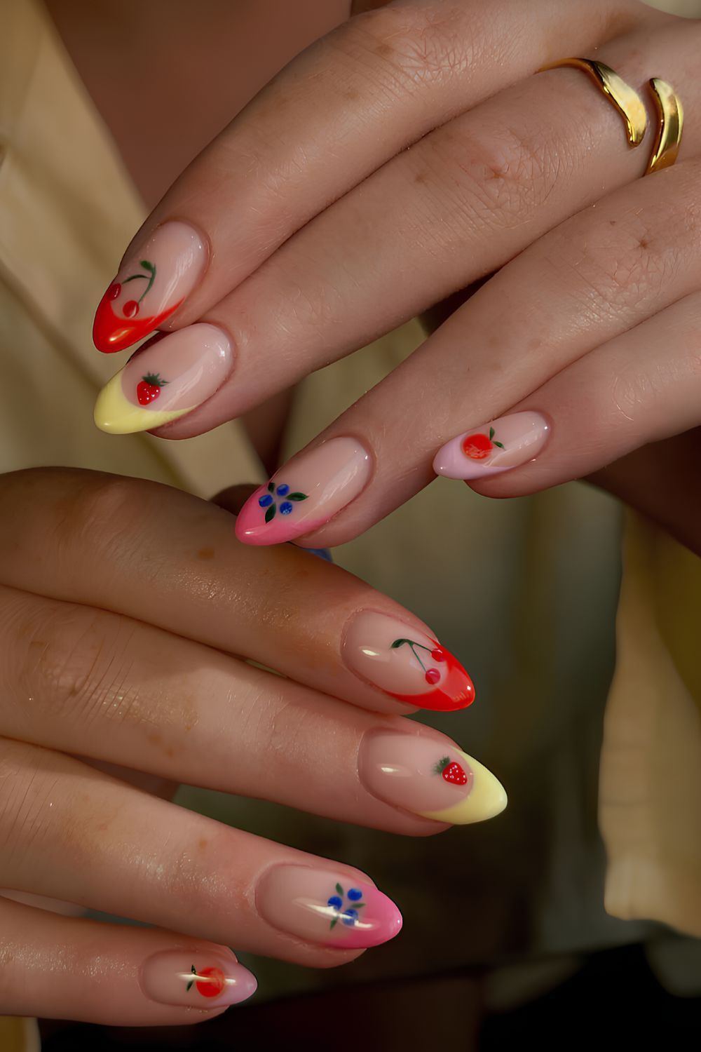 Multi-color French nails with fruit art