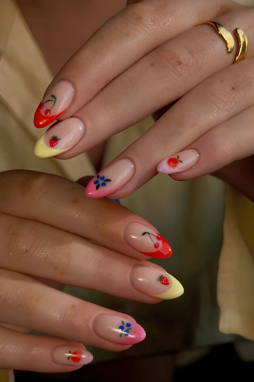 Multi-color French nails with fruit art