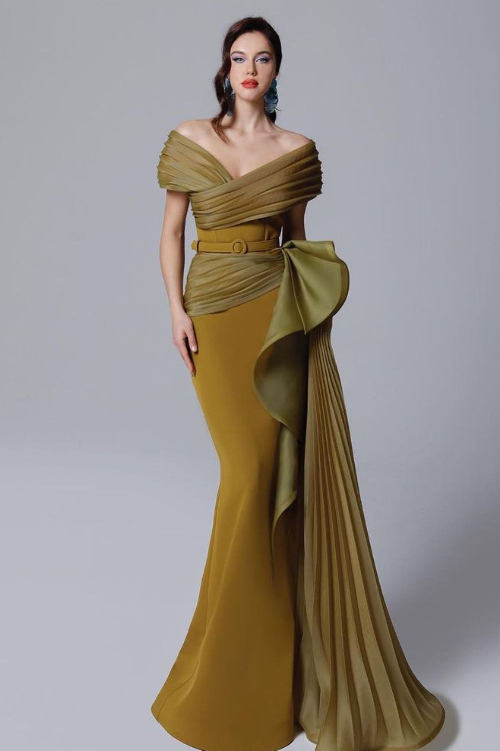 Mustard and olive draped gown