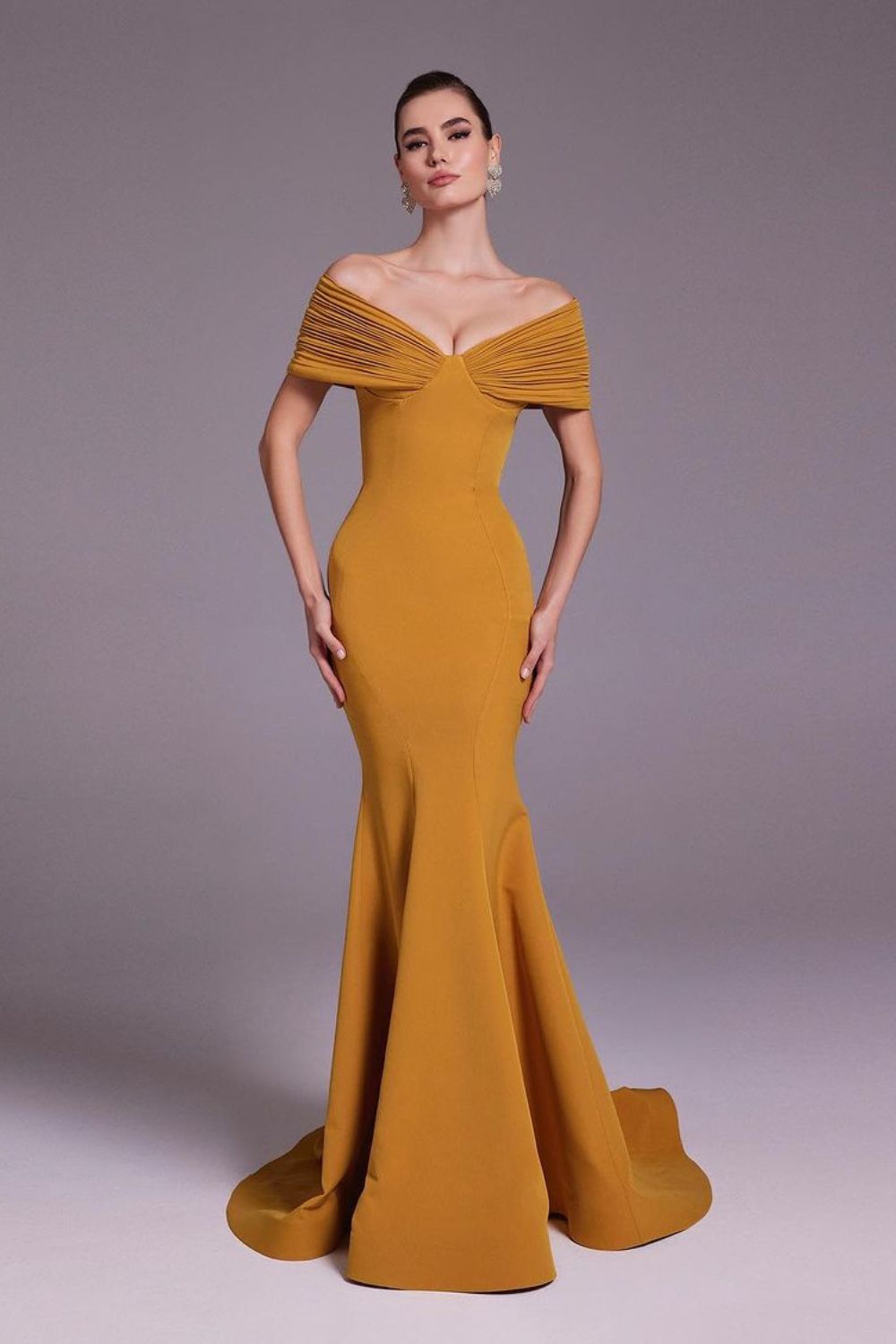 Mustard off-shoulder fitted gown