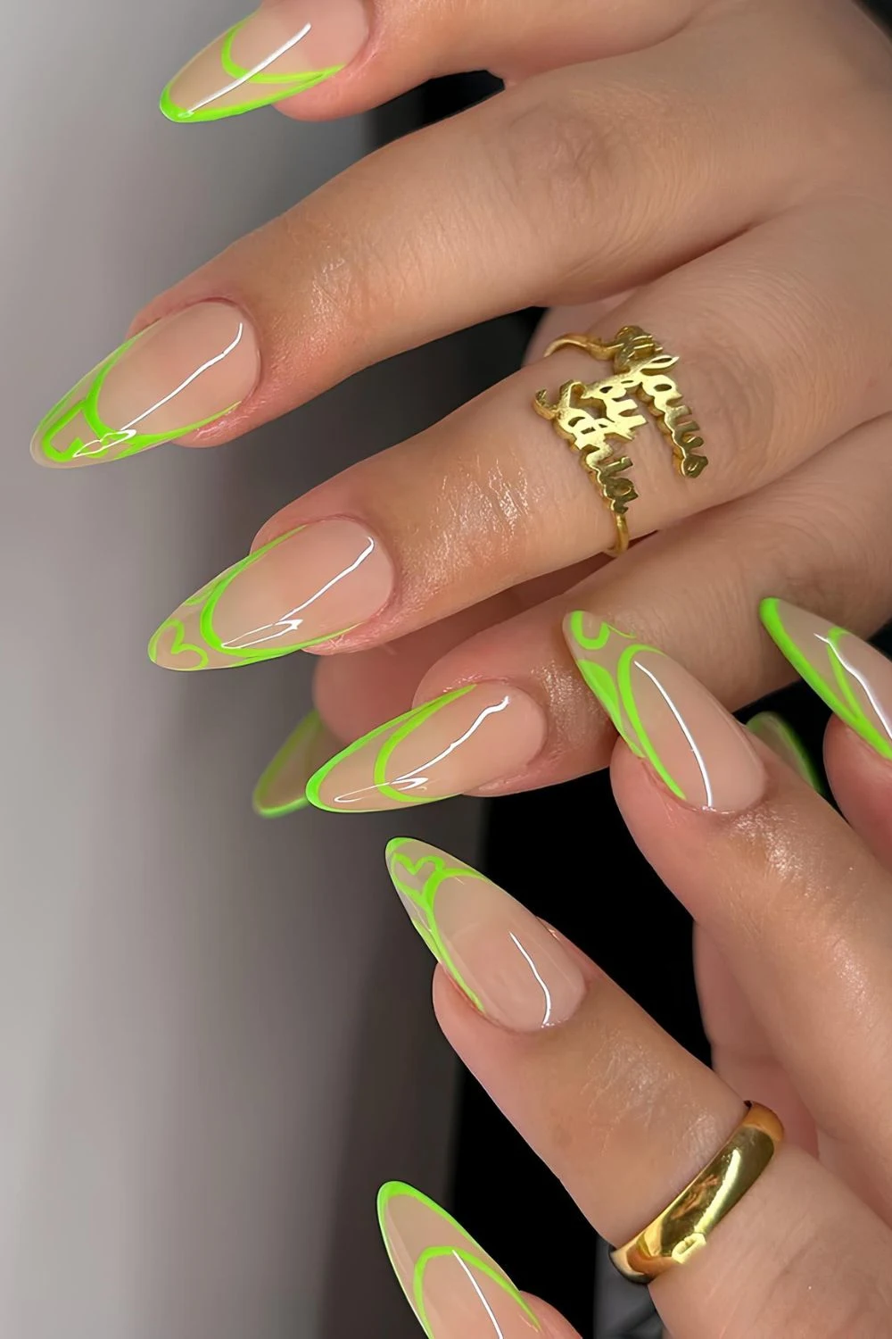 Neon green French mani with heart design