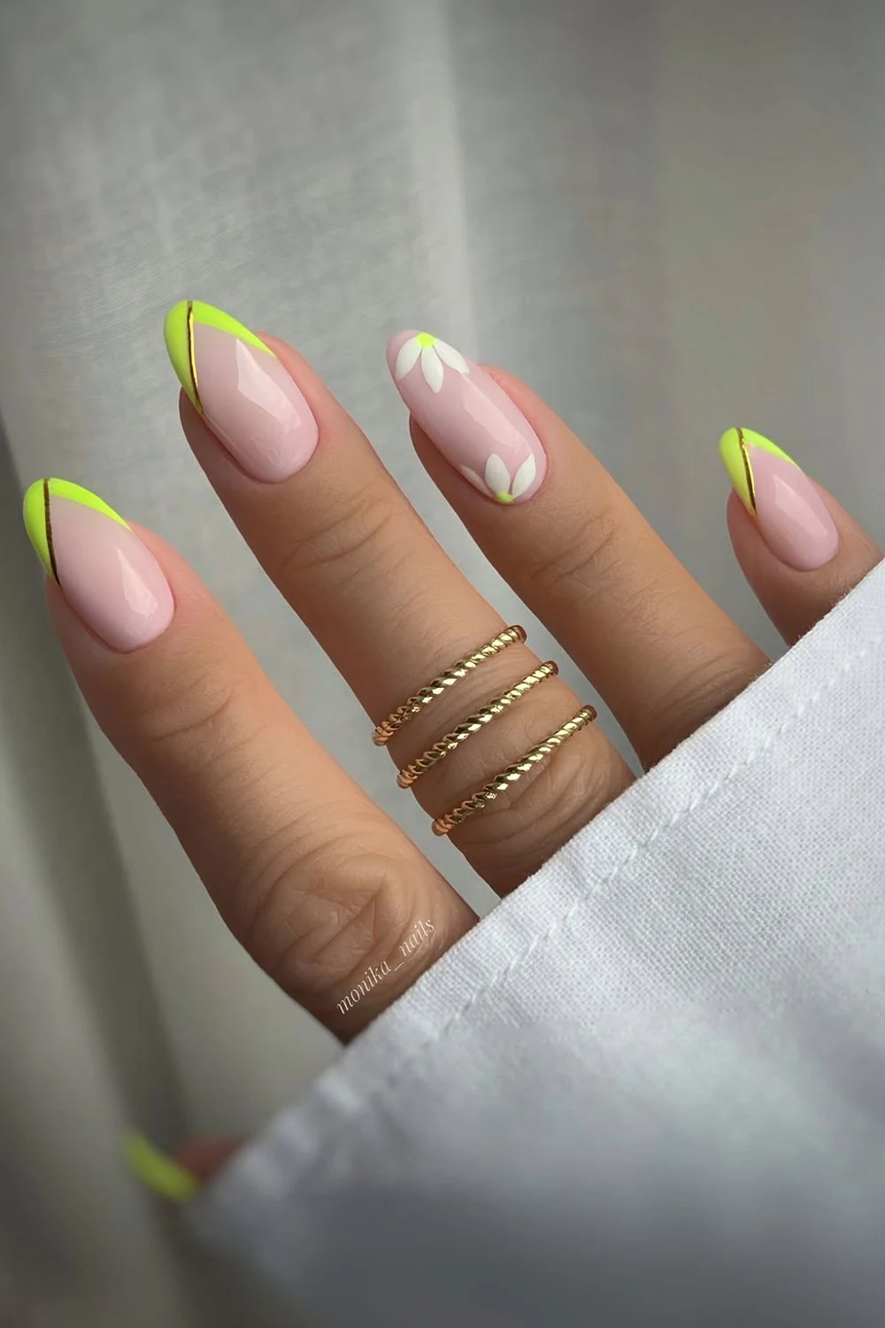 Neon lime French mani with gold chrome accents and florals