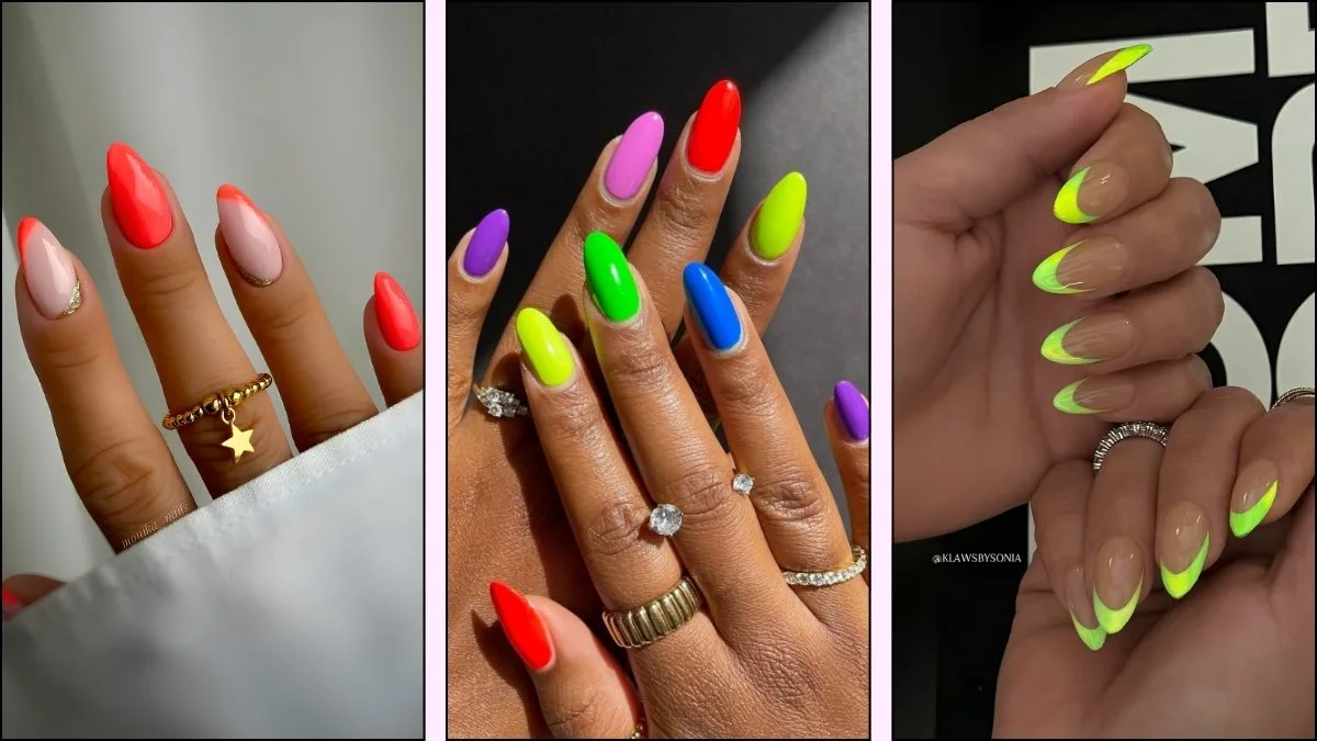 A collage of neon nail designs