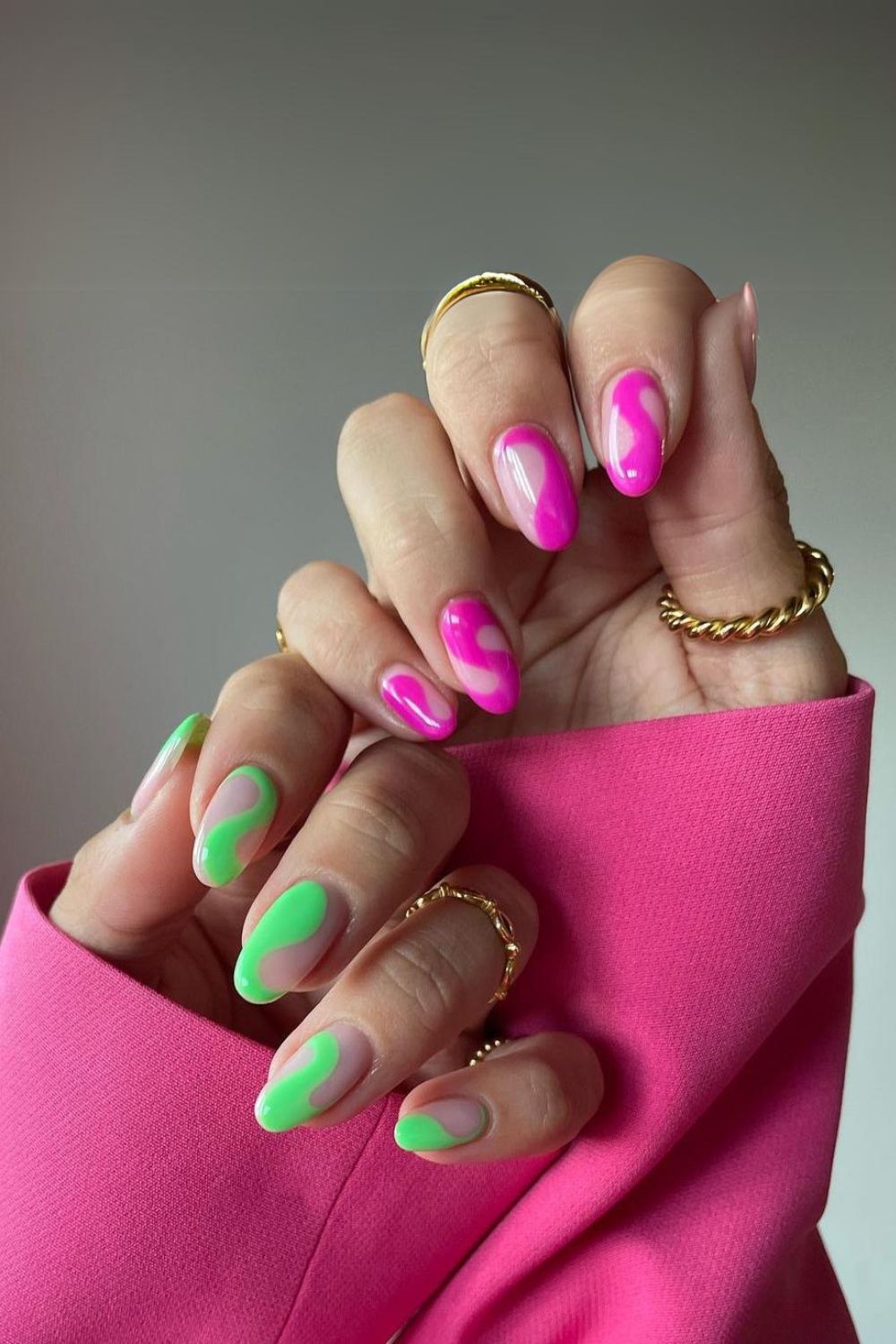 Neon pink and green manicure