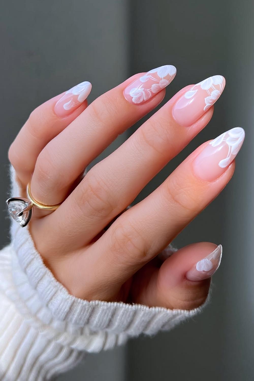 Neutral nails with white lace effect art