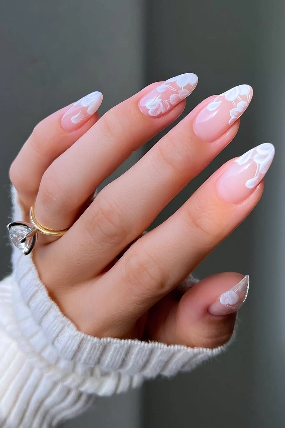 Neutral nails with white lace effect art