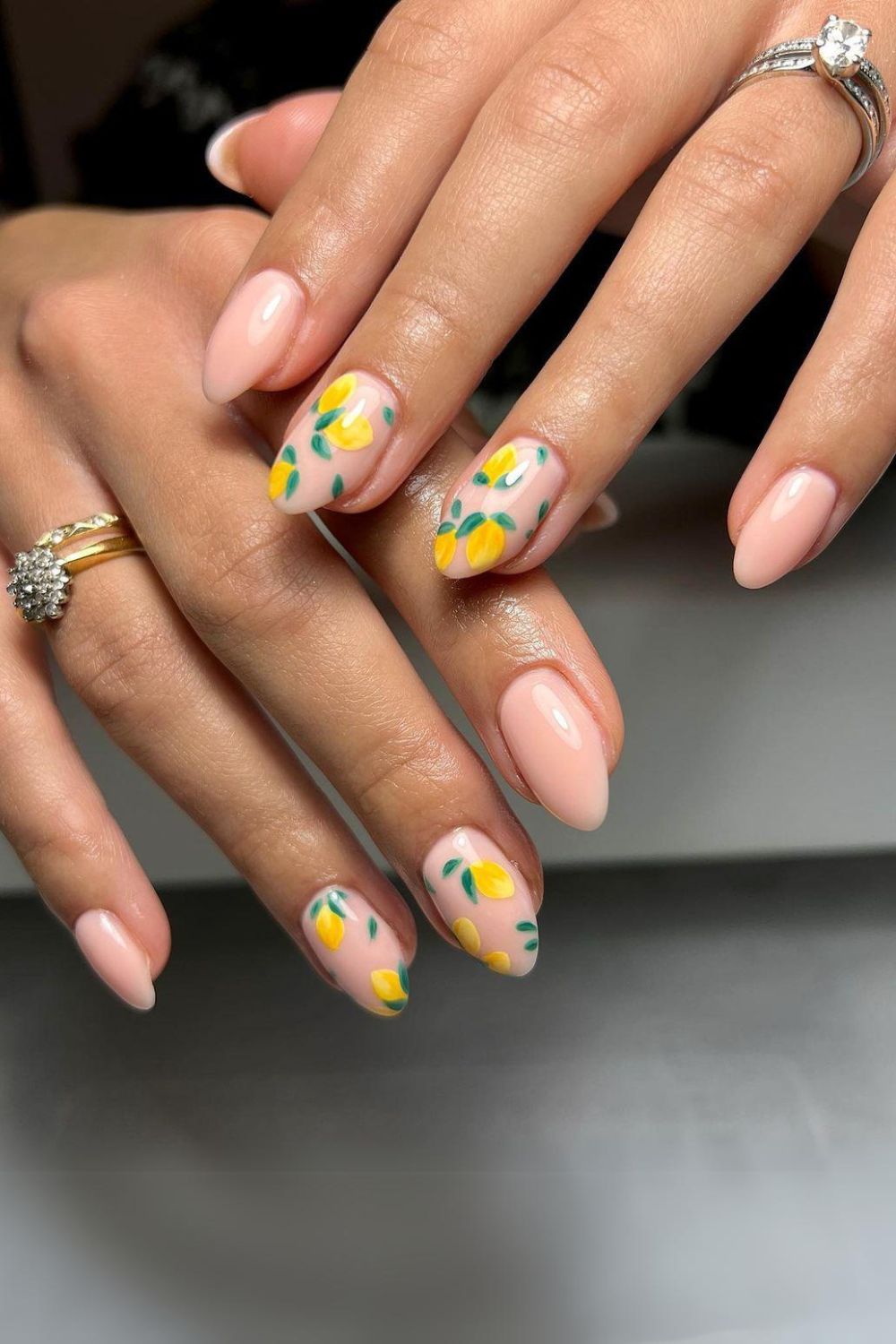 Nude nails with lemon designs