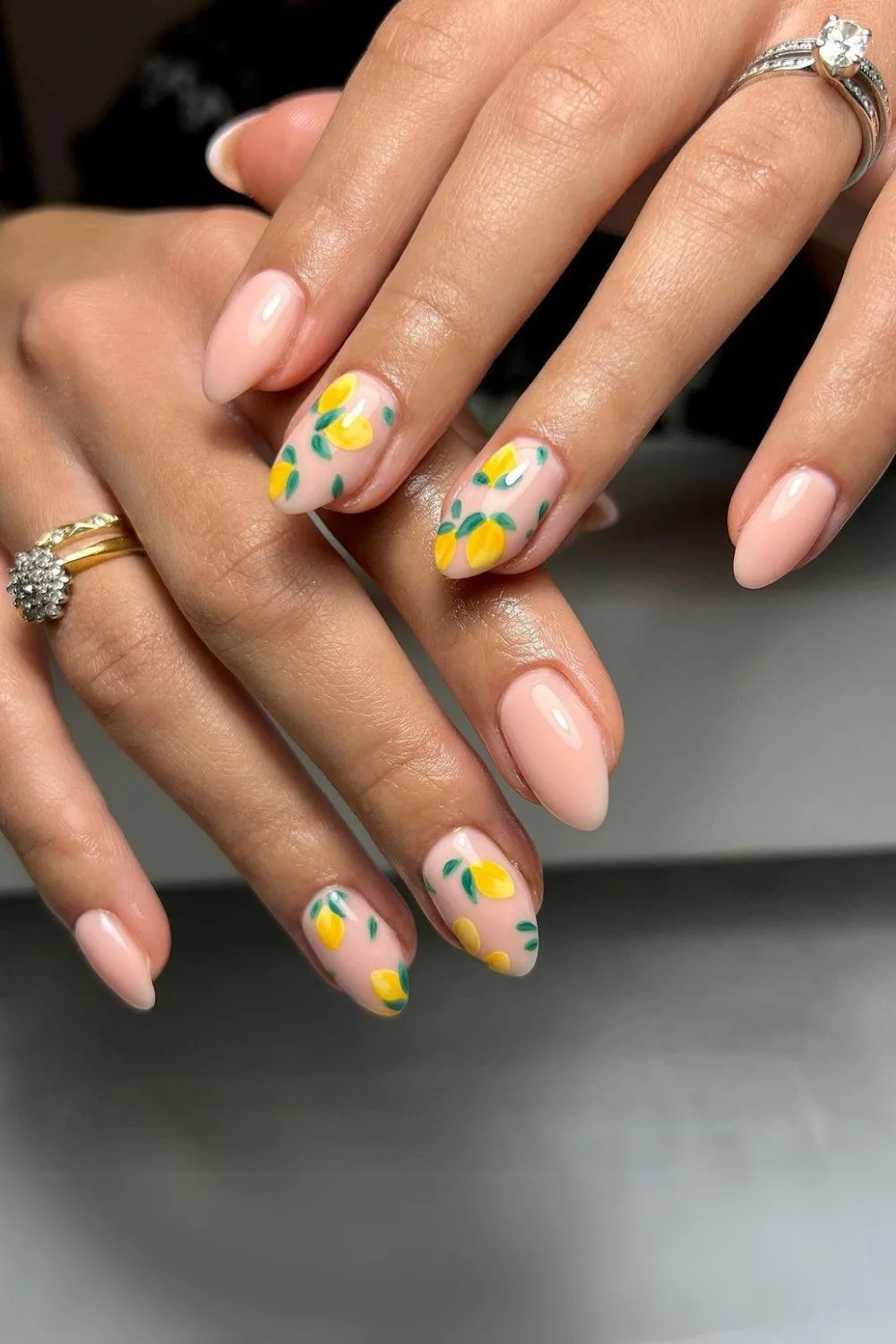 Nude nails with lemon designs