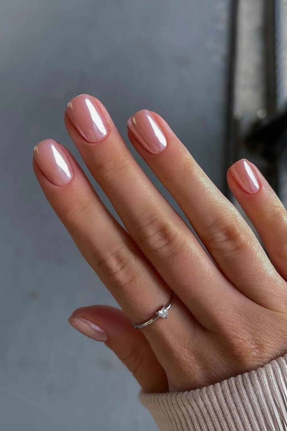 Nude pink chrome nails