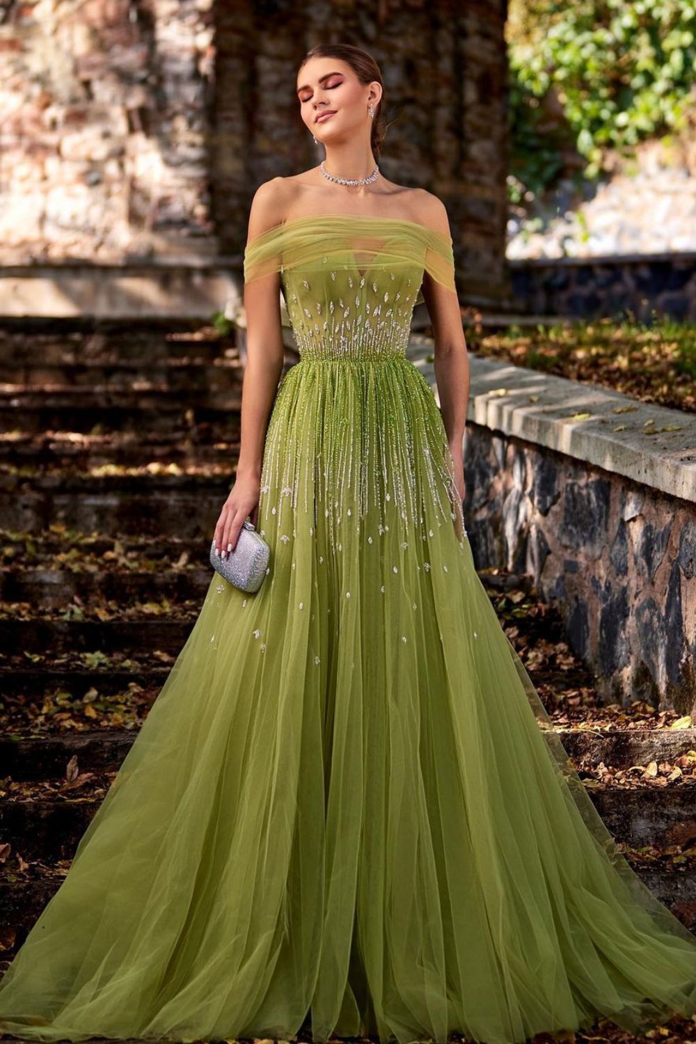 Olive green embellished gown