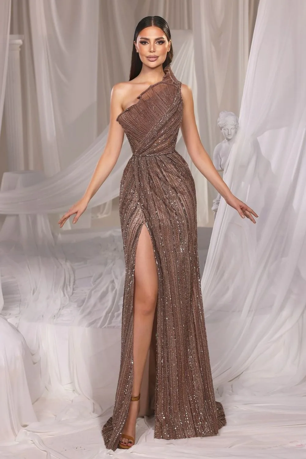 One-shoulder brown sequin gown