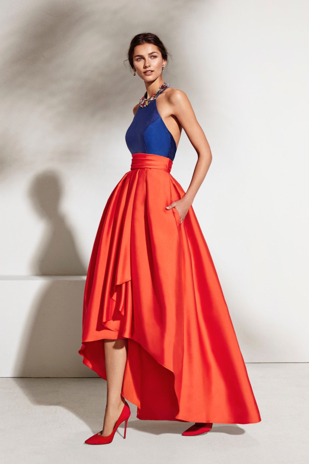 Orange and blue halter dress