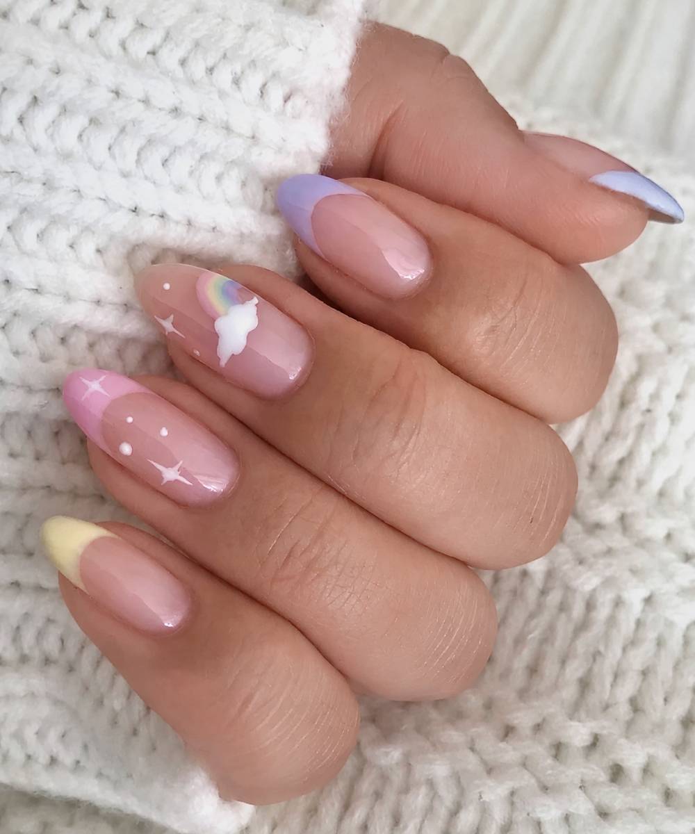 Pastel skittle French mani with clouds and stars