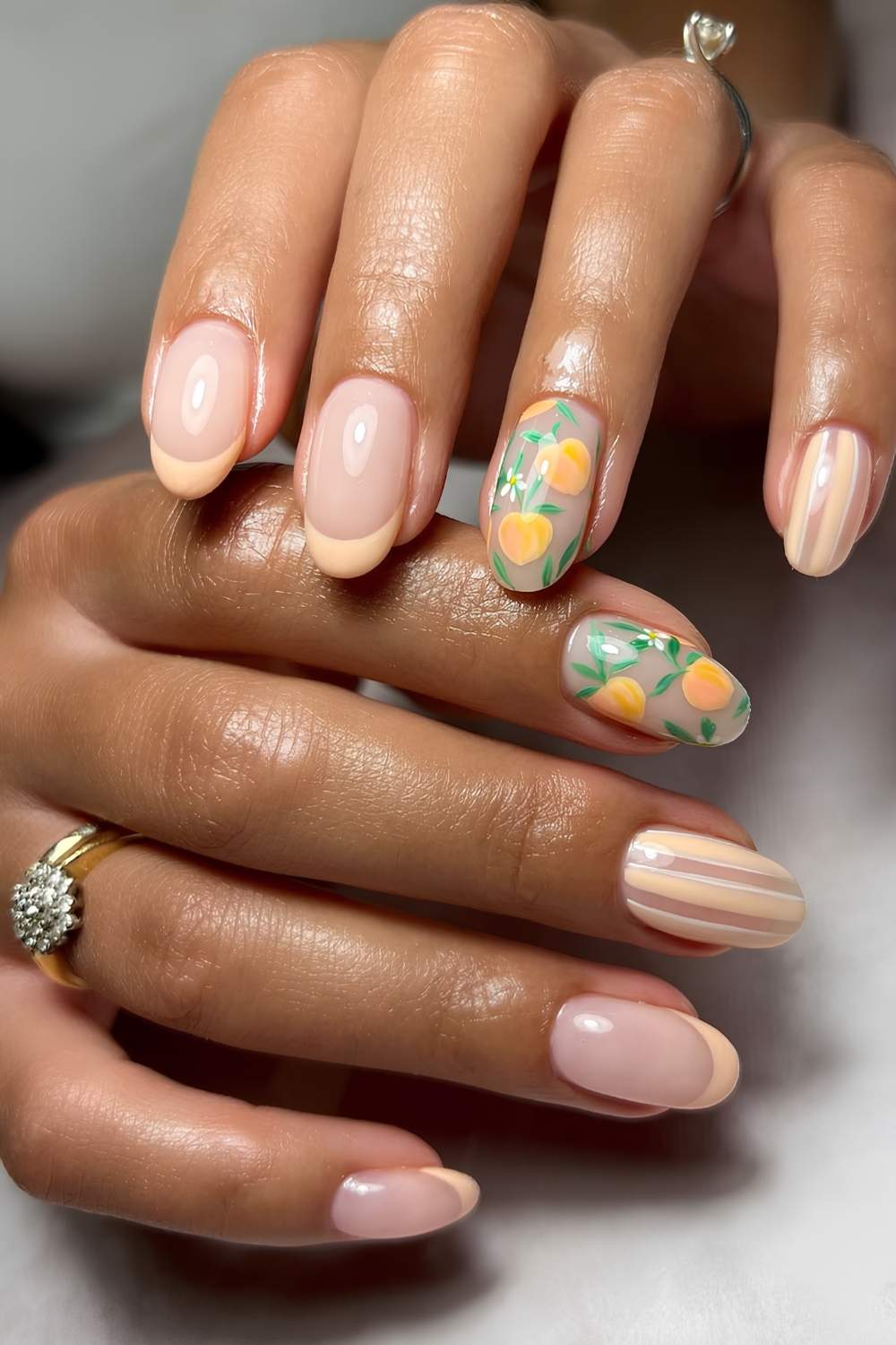 Peach French nails with fruit art