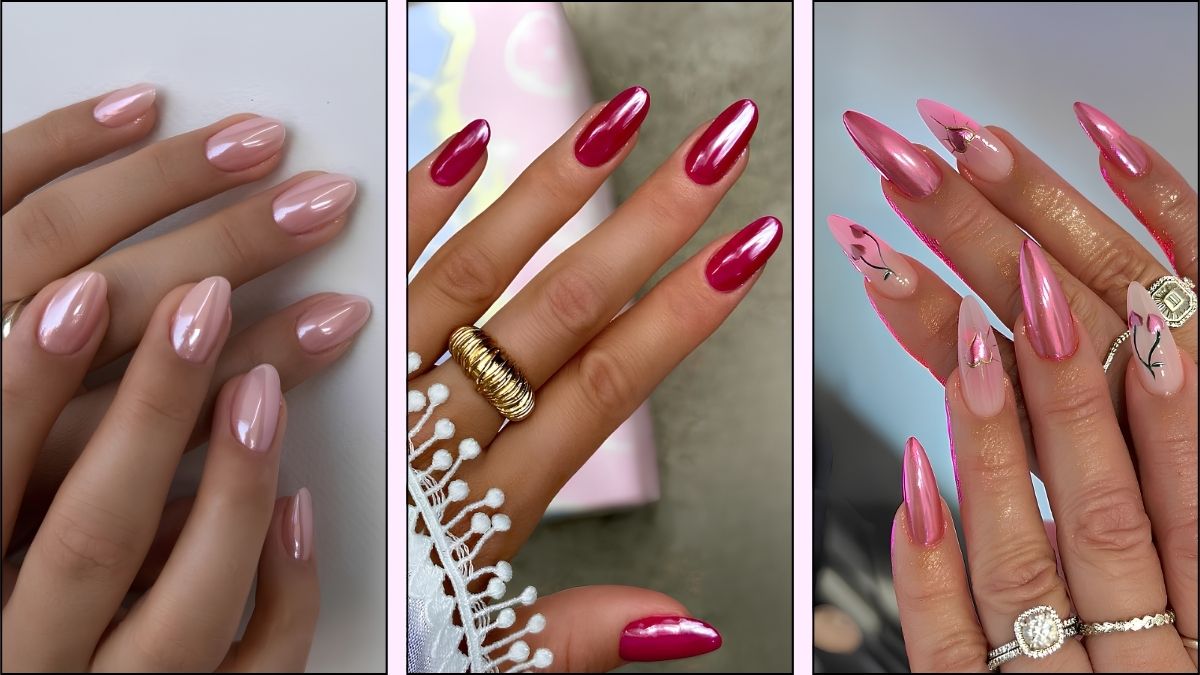 A collage of pink chrome nail designs