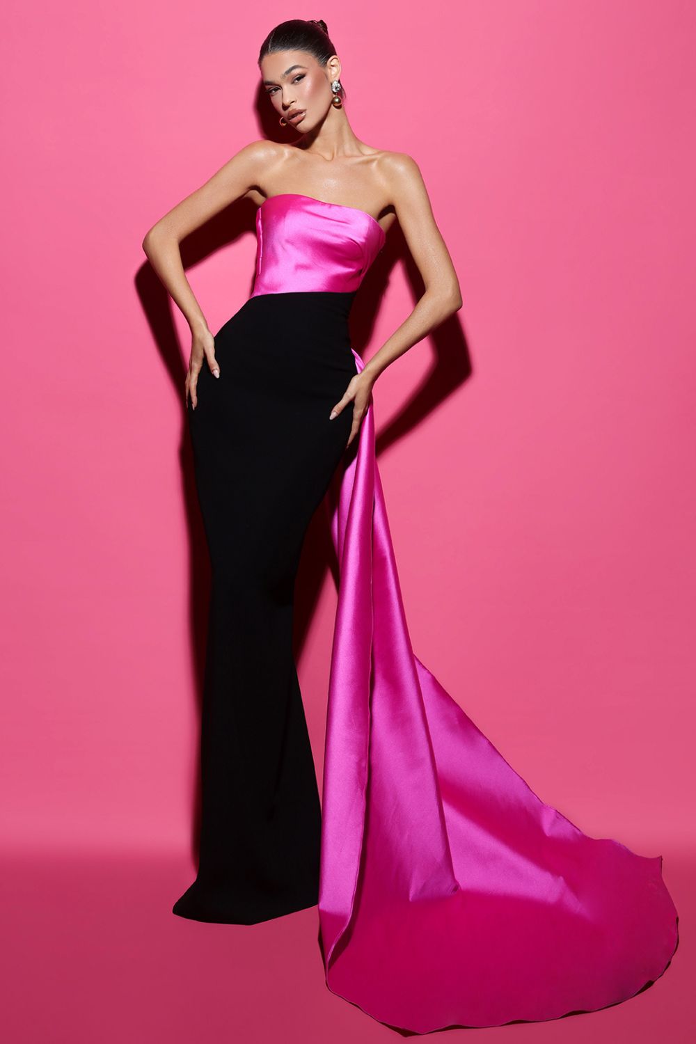 Pink and black strapless gown