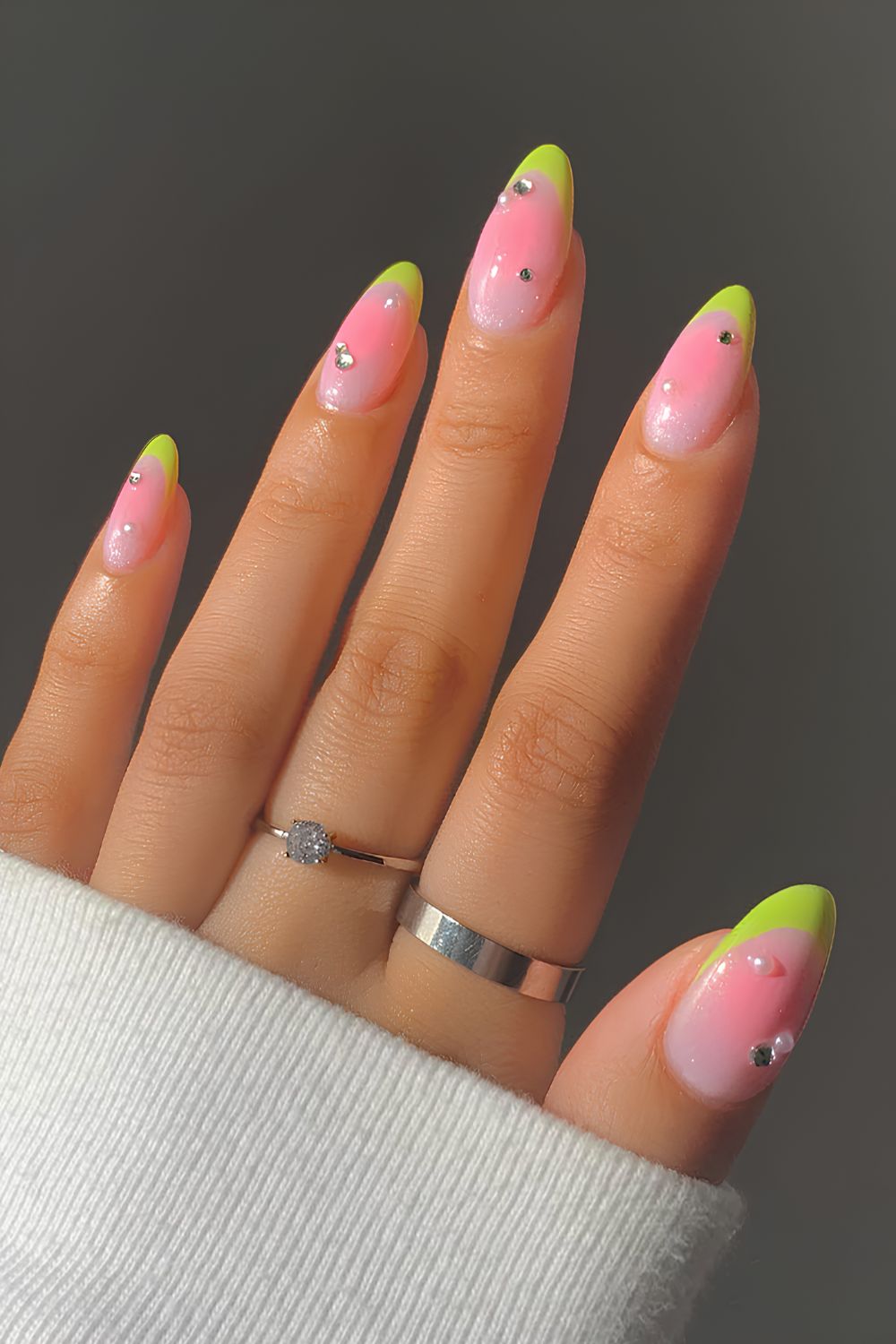 Pink and green watermelon aura manicure