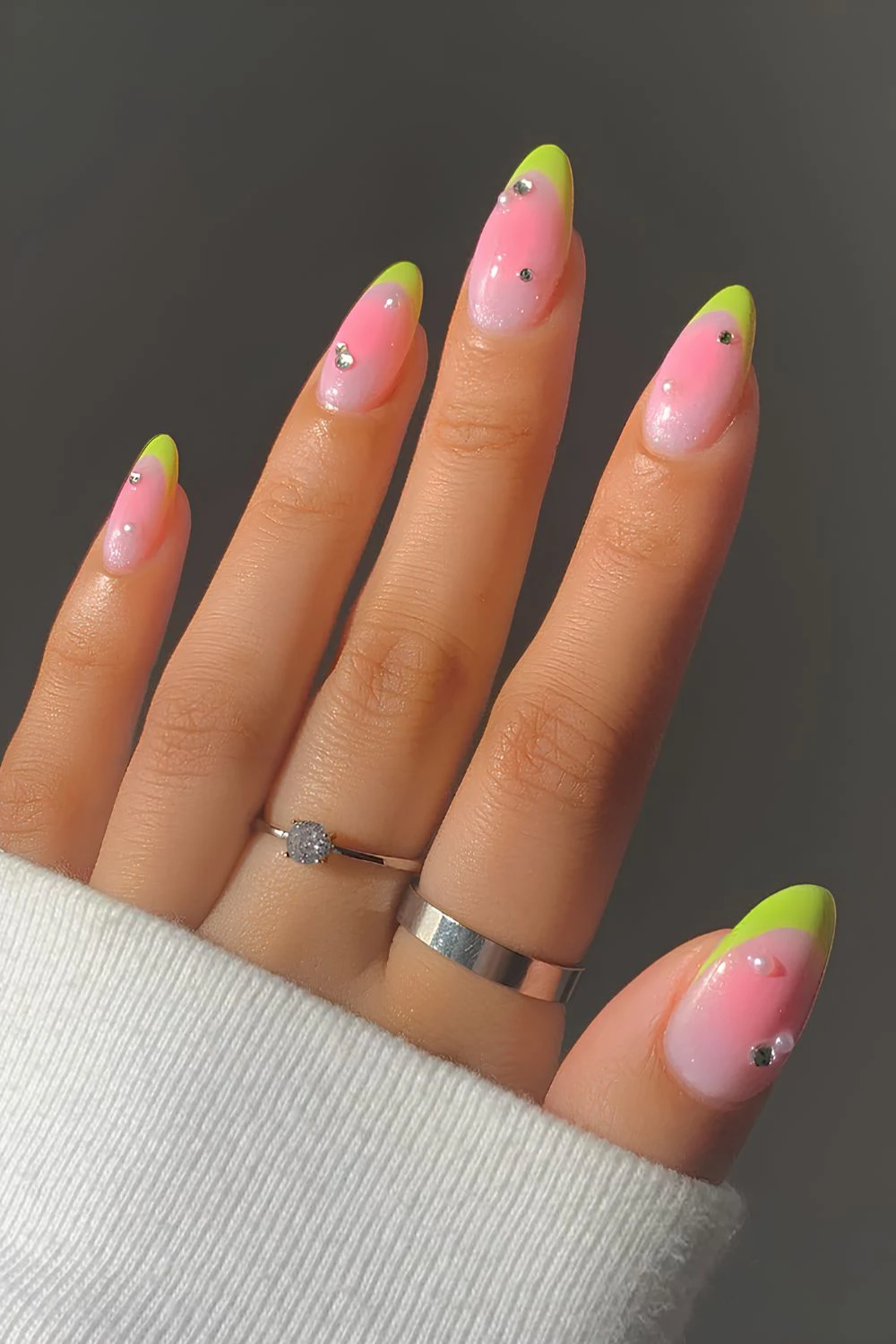 Pink and green watermelon aura manicure