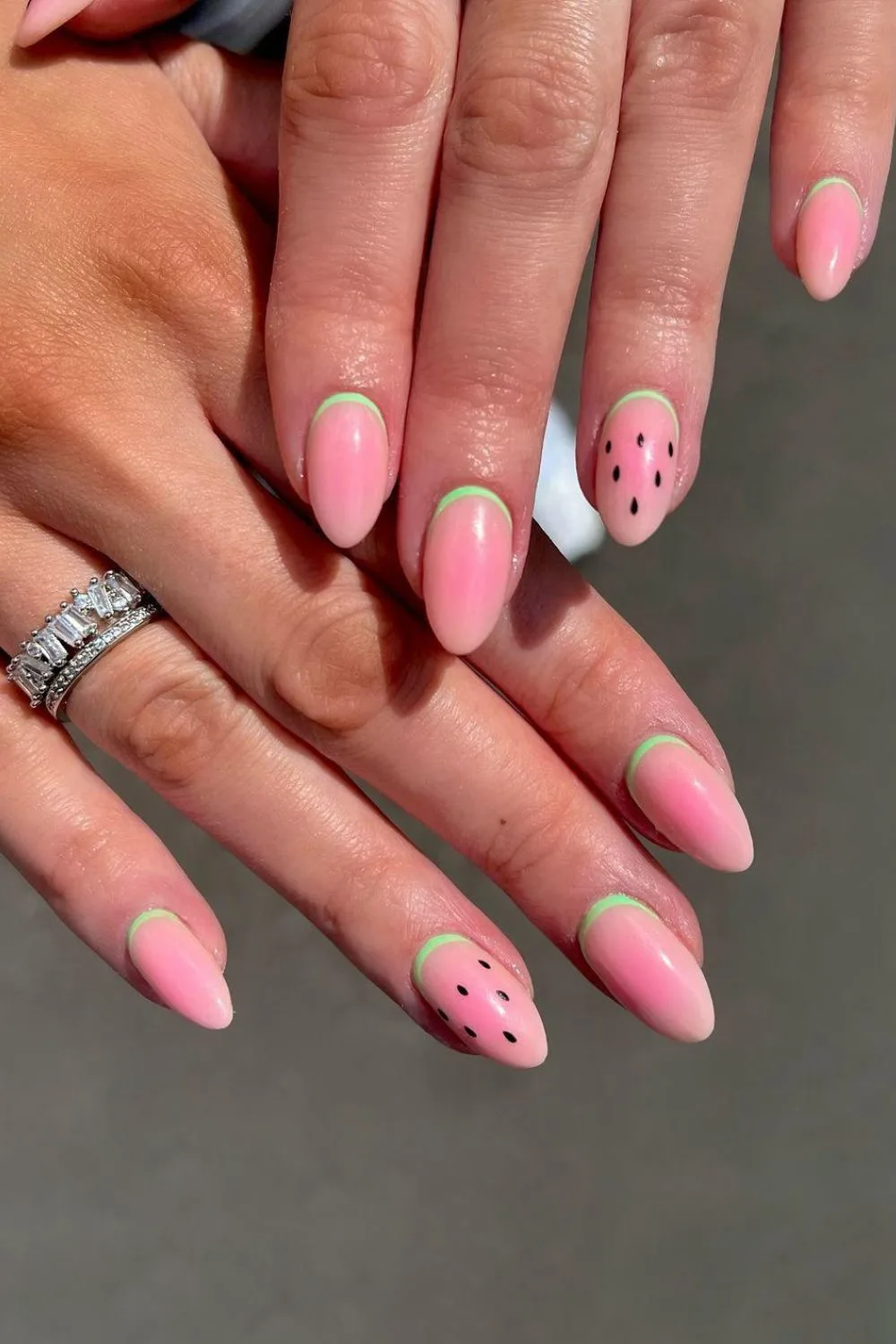 Pink and green watermelon nails