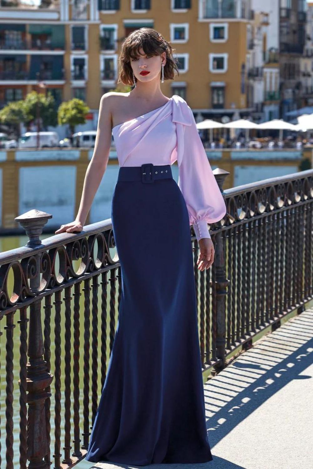 Pink and navy one-shoulder dress