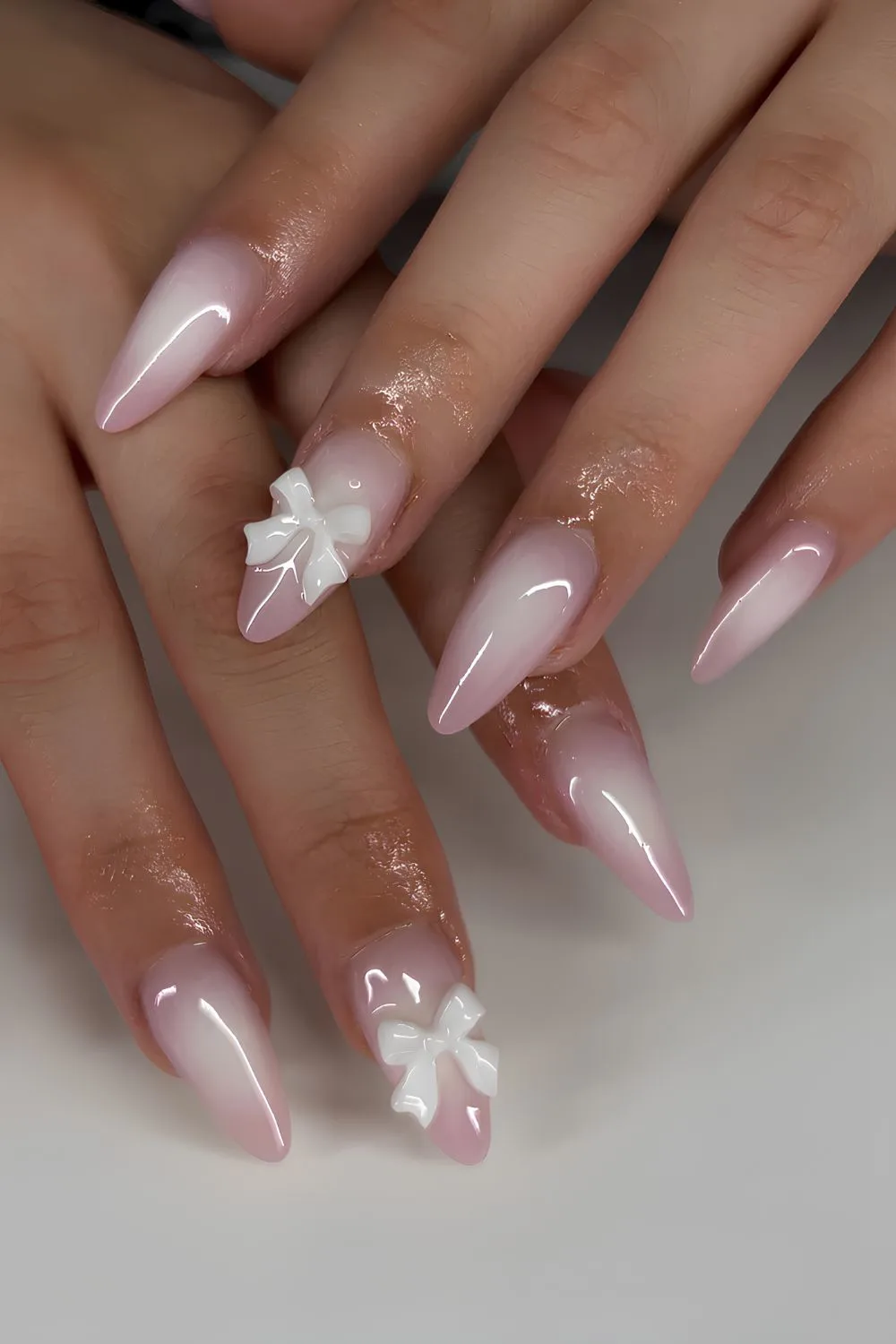 Pink and white aura mani with bows