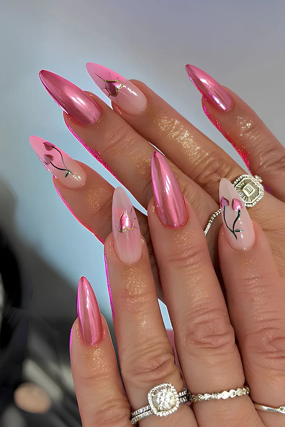 Pink chrome mani with cherry art accents