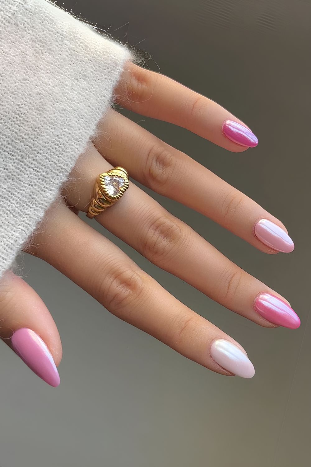 Pink skittle chrome-effect mani