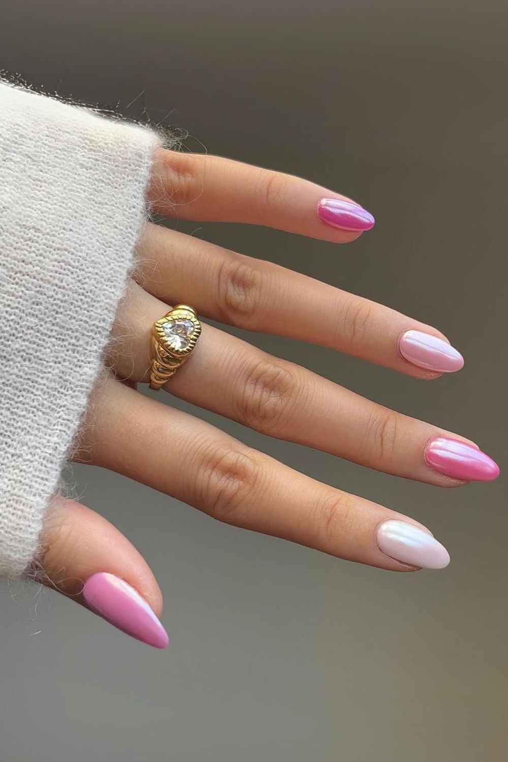 Pink skittle chrome manicure