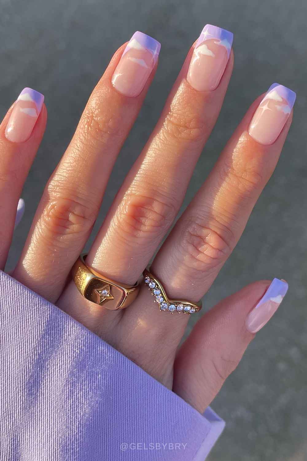 Purple French mani with star and cloud art