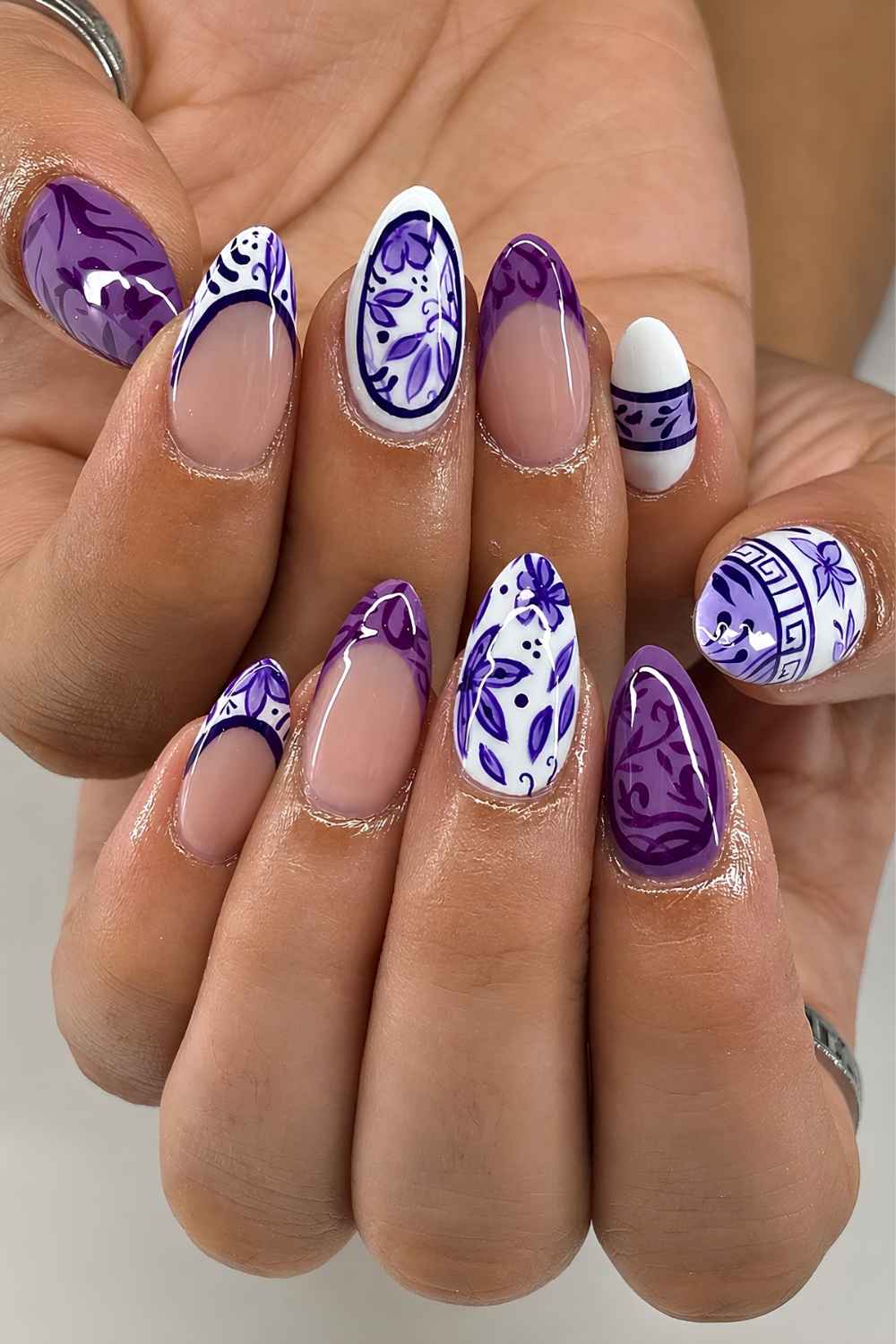 Purple and white nails with vintage style florals