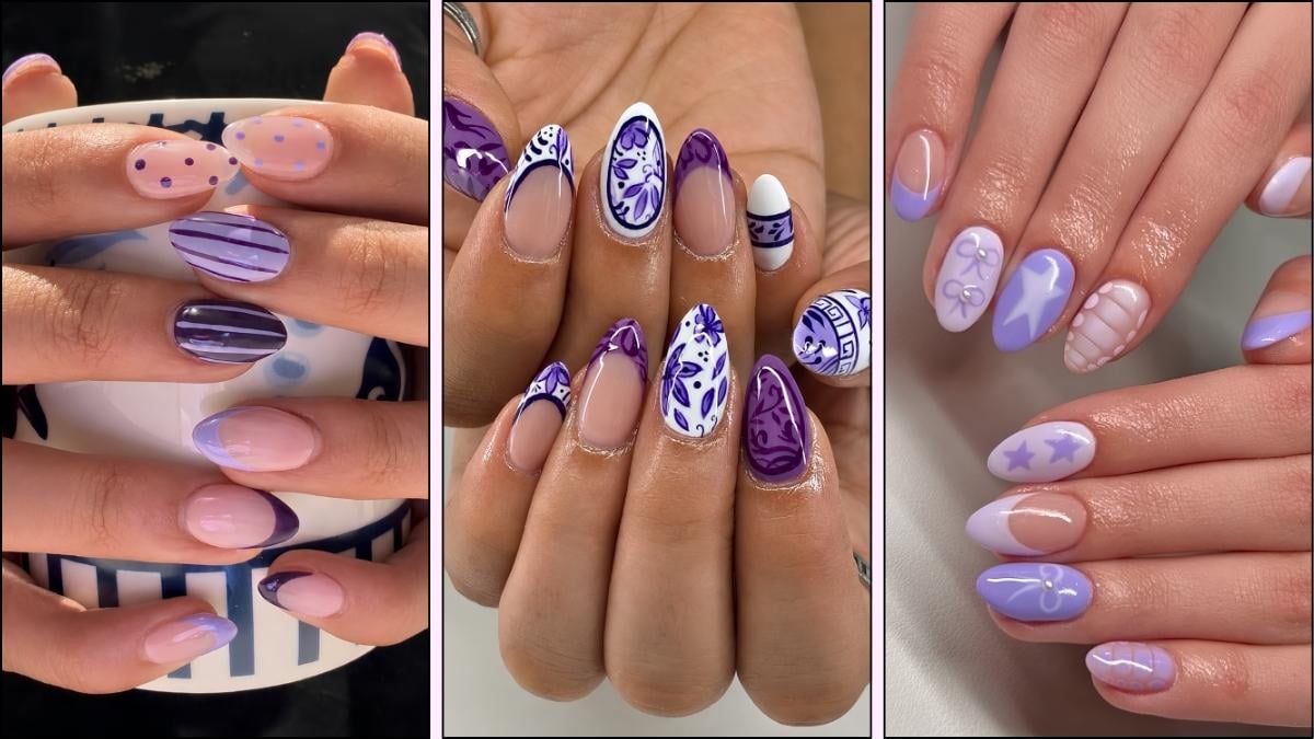 A collage of purple nail designs