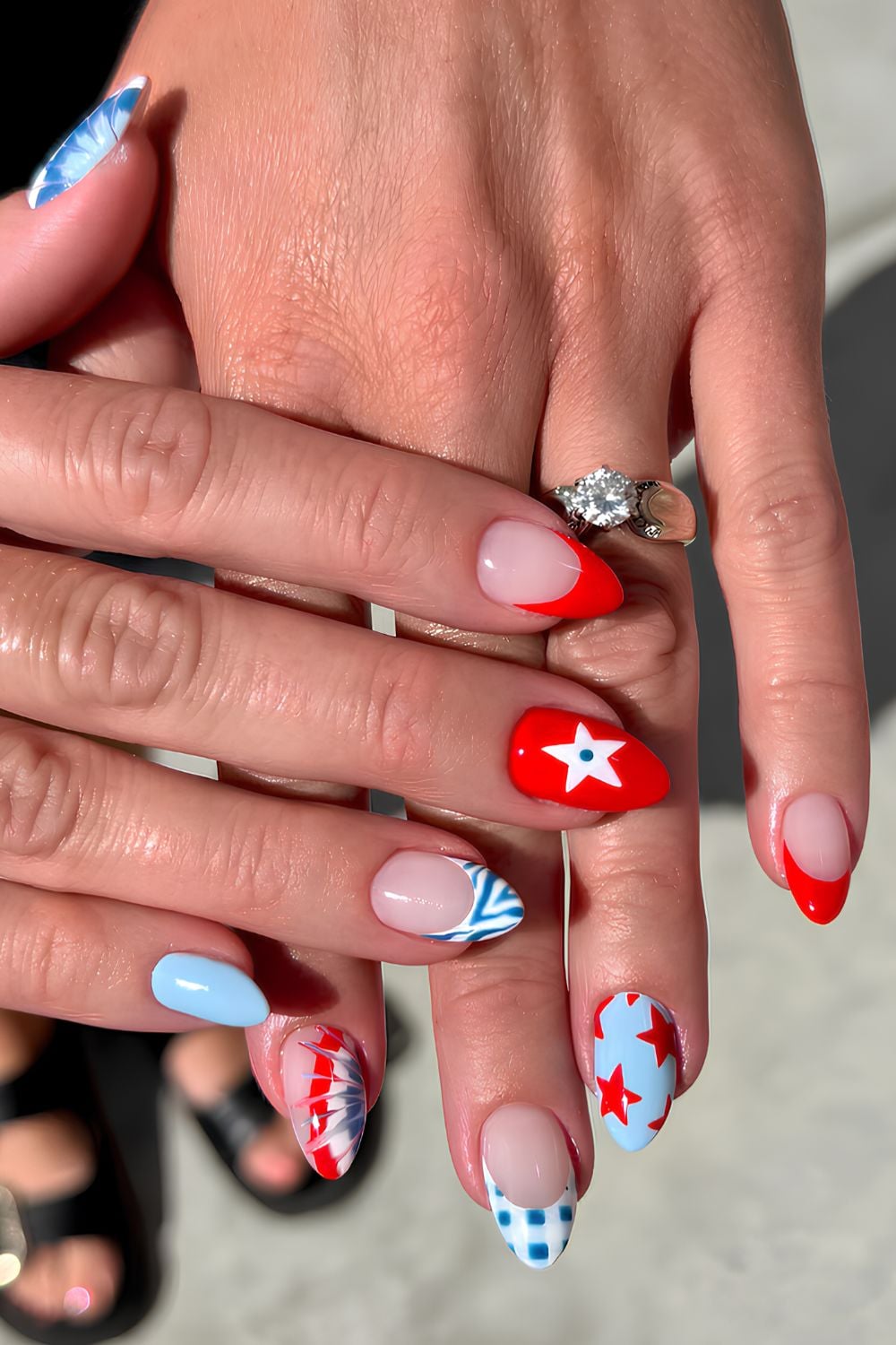 Red and blue nails with stars and gingham