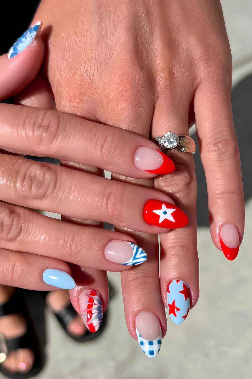 Red and blue nails with stars and gingham