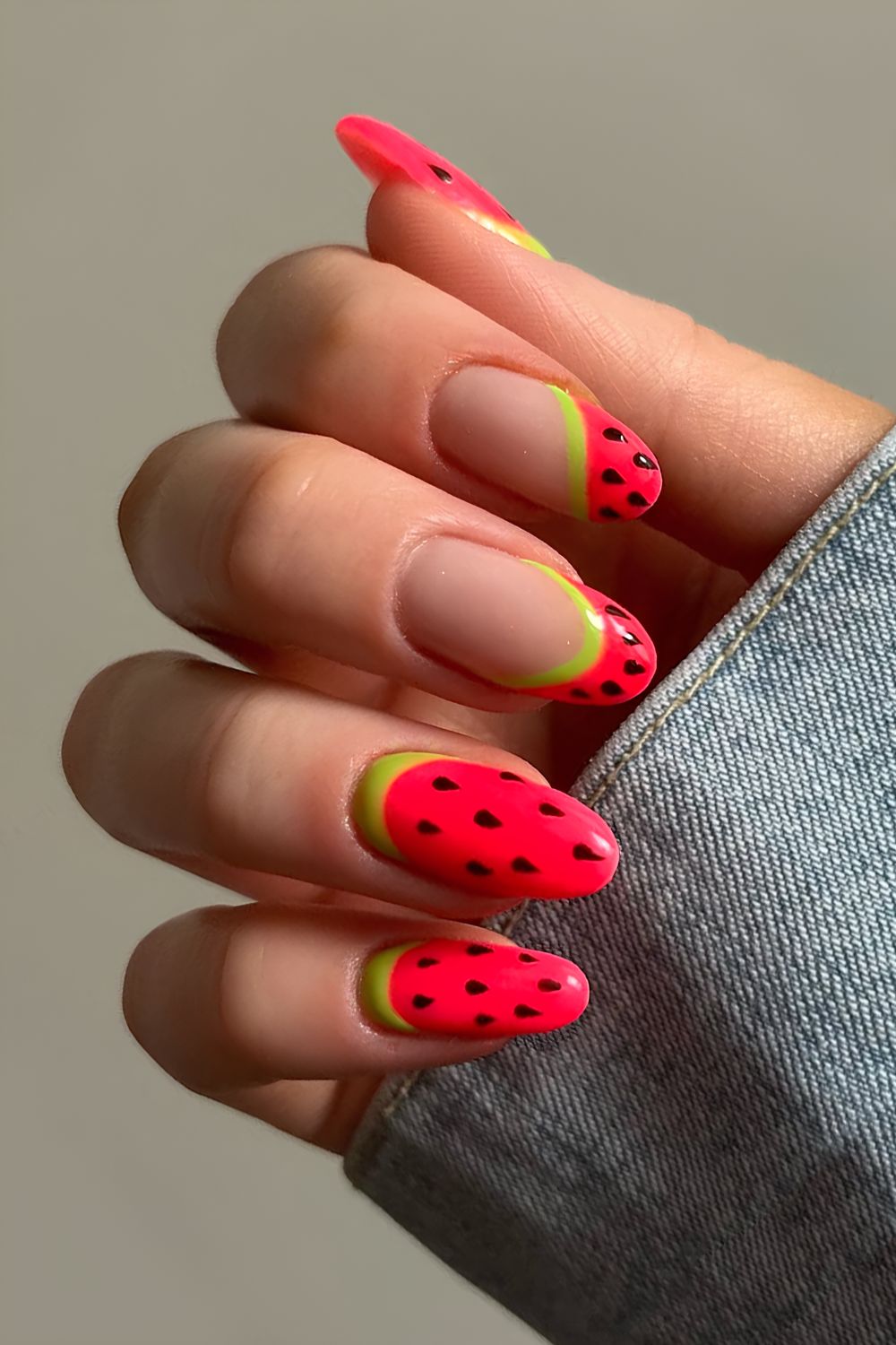 Red and green nails with watermelon art