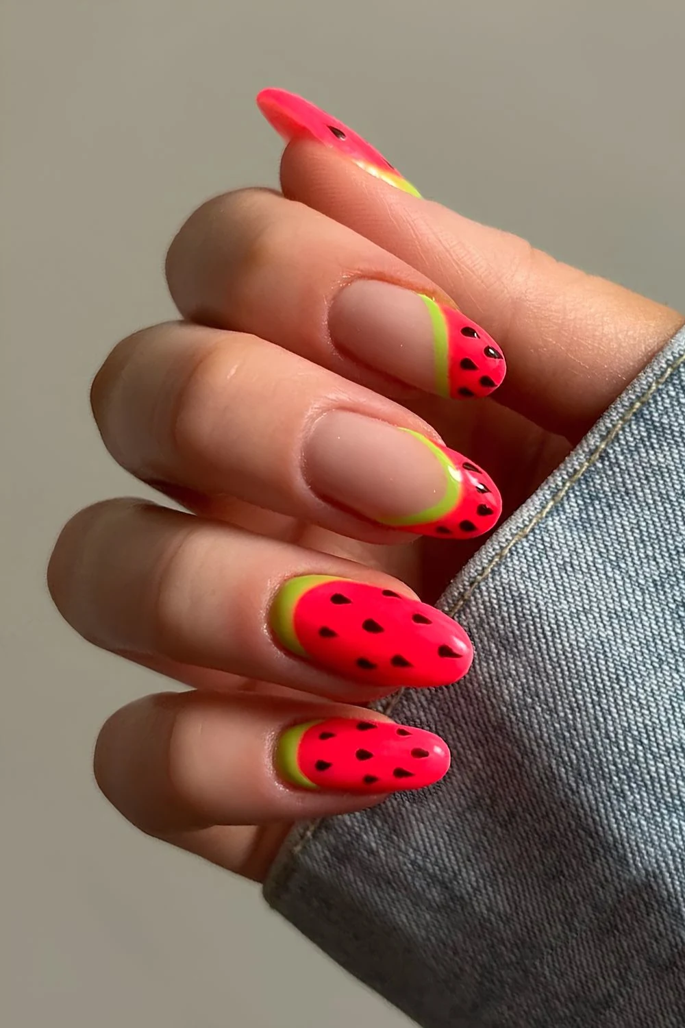 Red and green nails with watermelon art