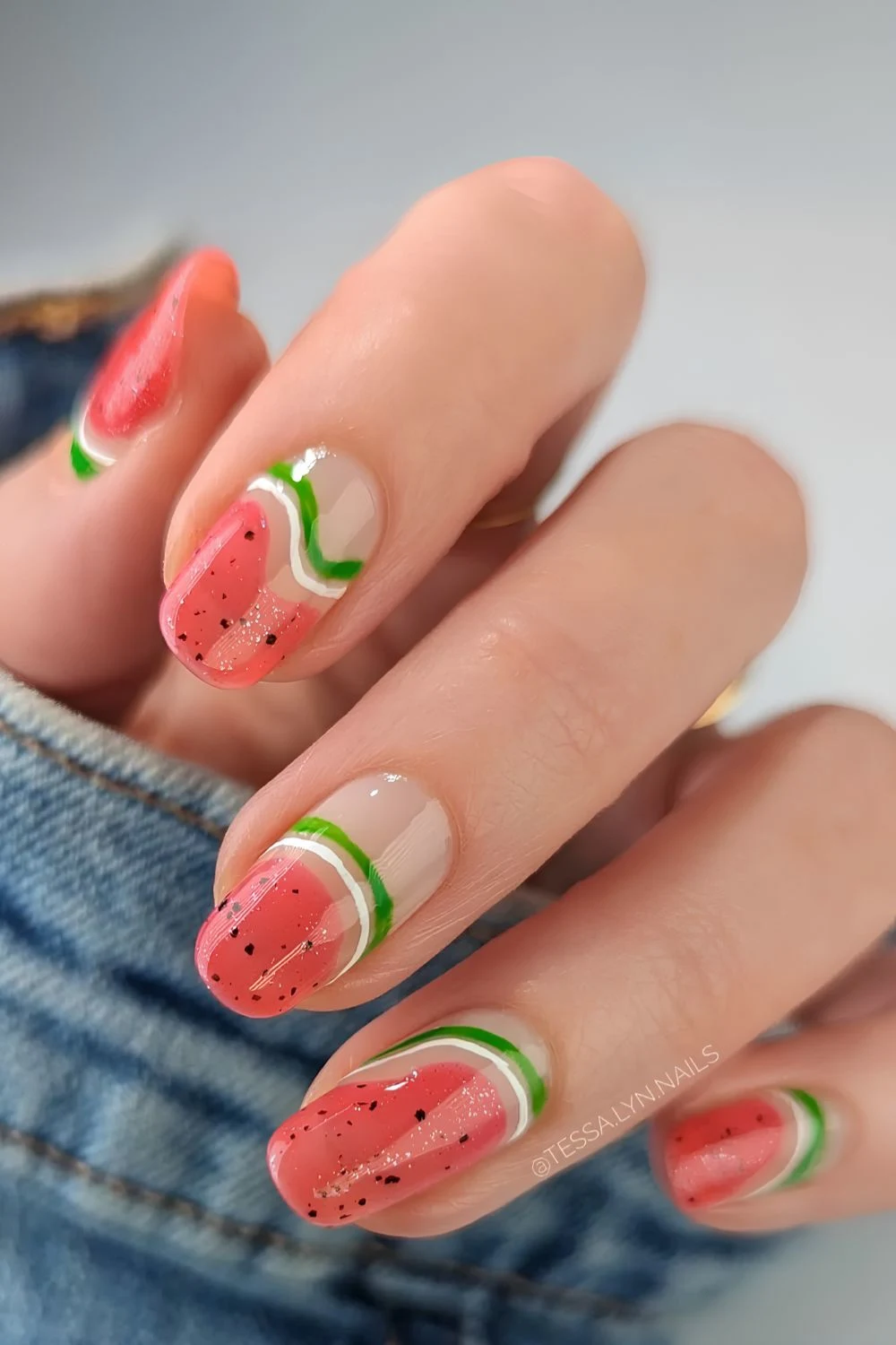 Red and green watermelon nails with shimmer