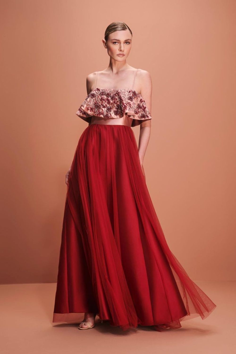 Red and pink floral top gown