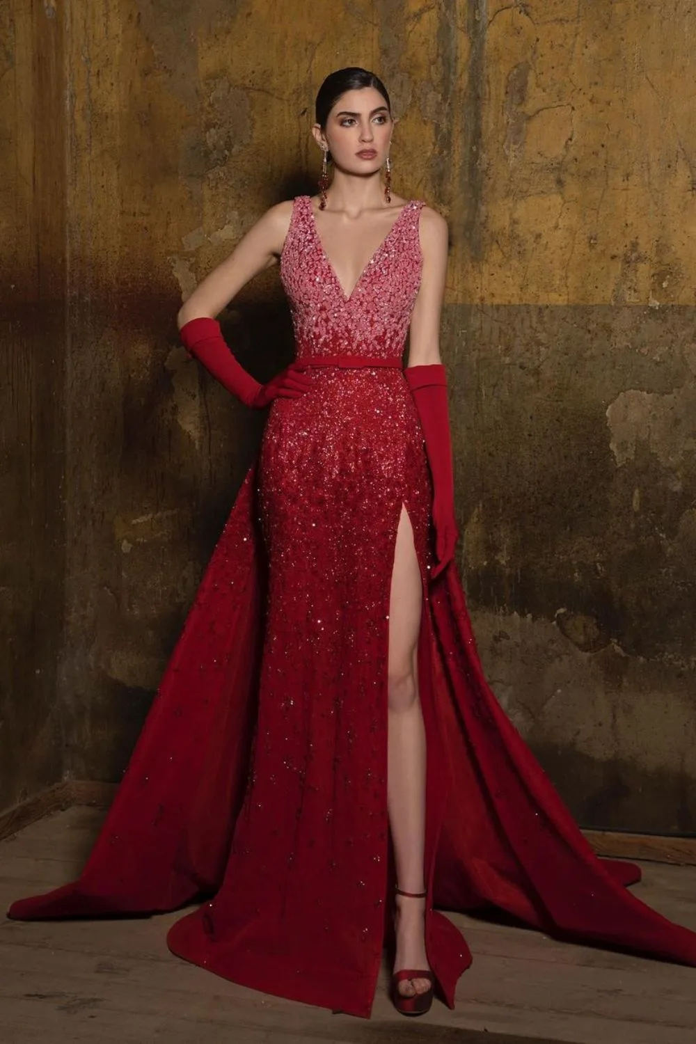 Red and pink v-neck gown