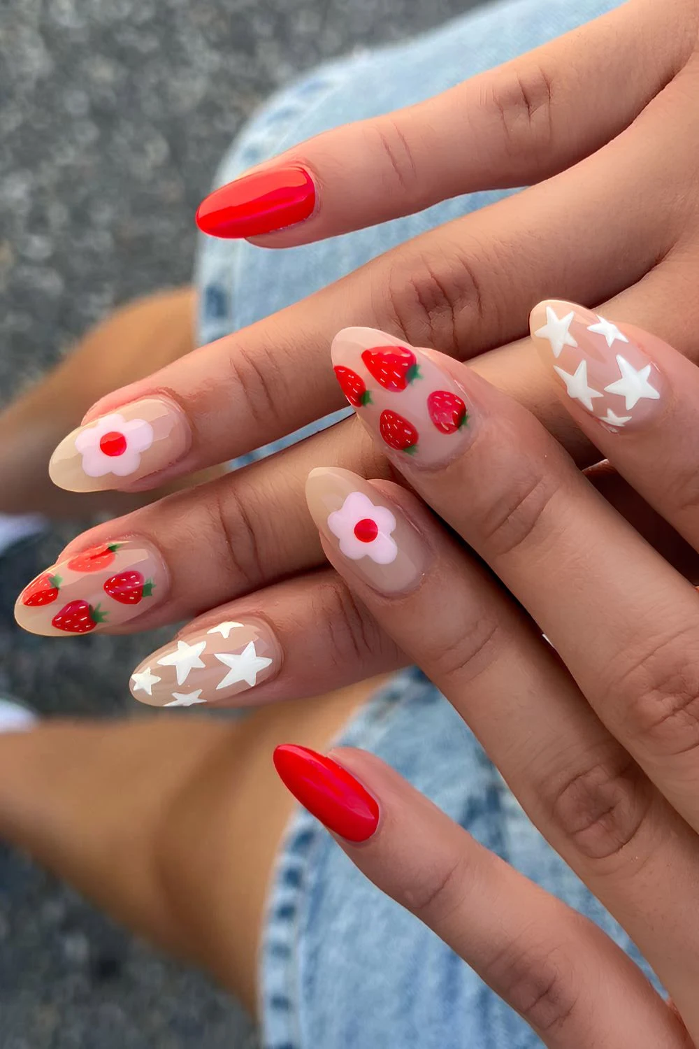 Red and white mix and match mani with flowers and strawberries
