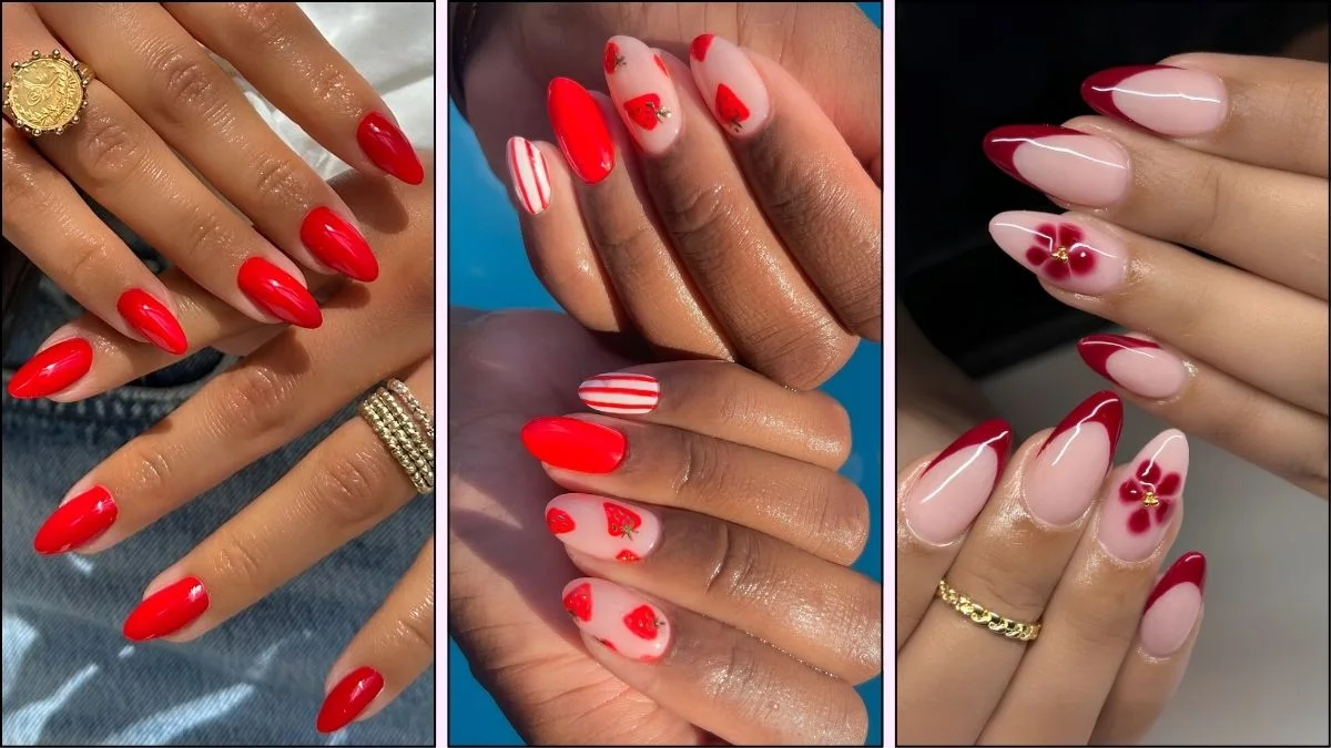 A collage of red nail designs for summer