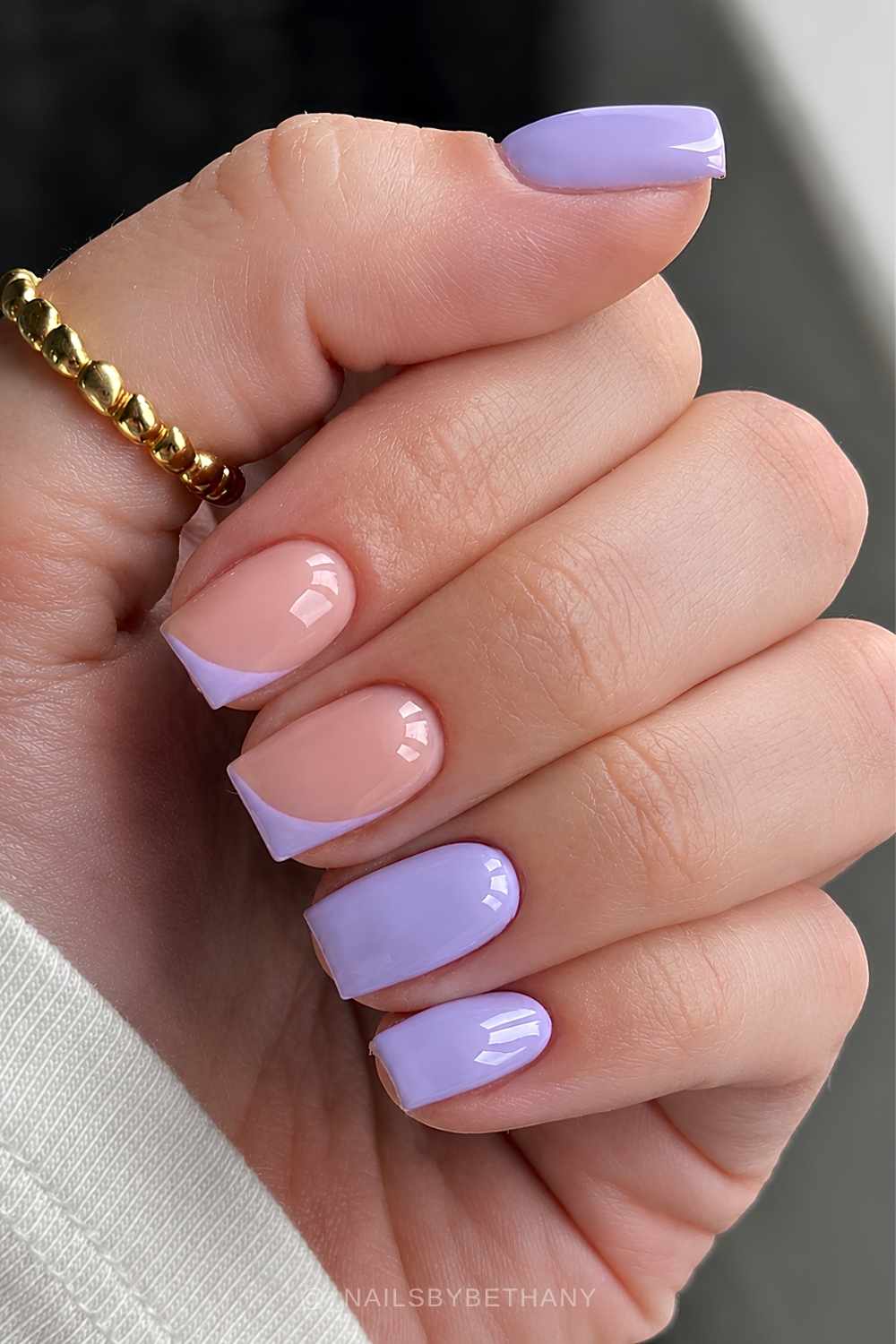 Short purple mani with accent side French tips