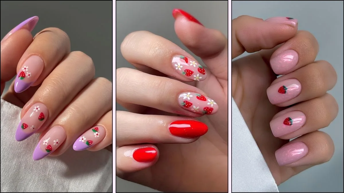 A collage of strawberry nail designs
