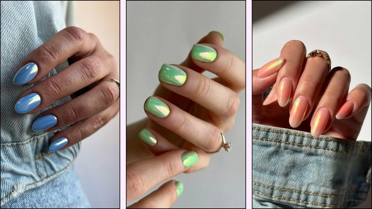 A collage of chrome nail designs for summer